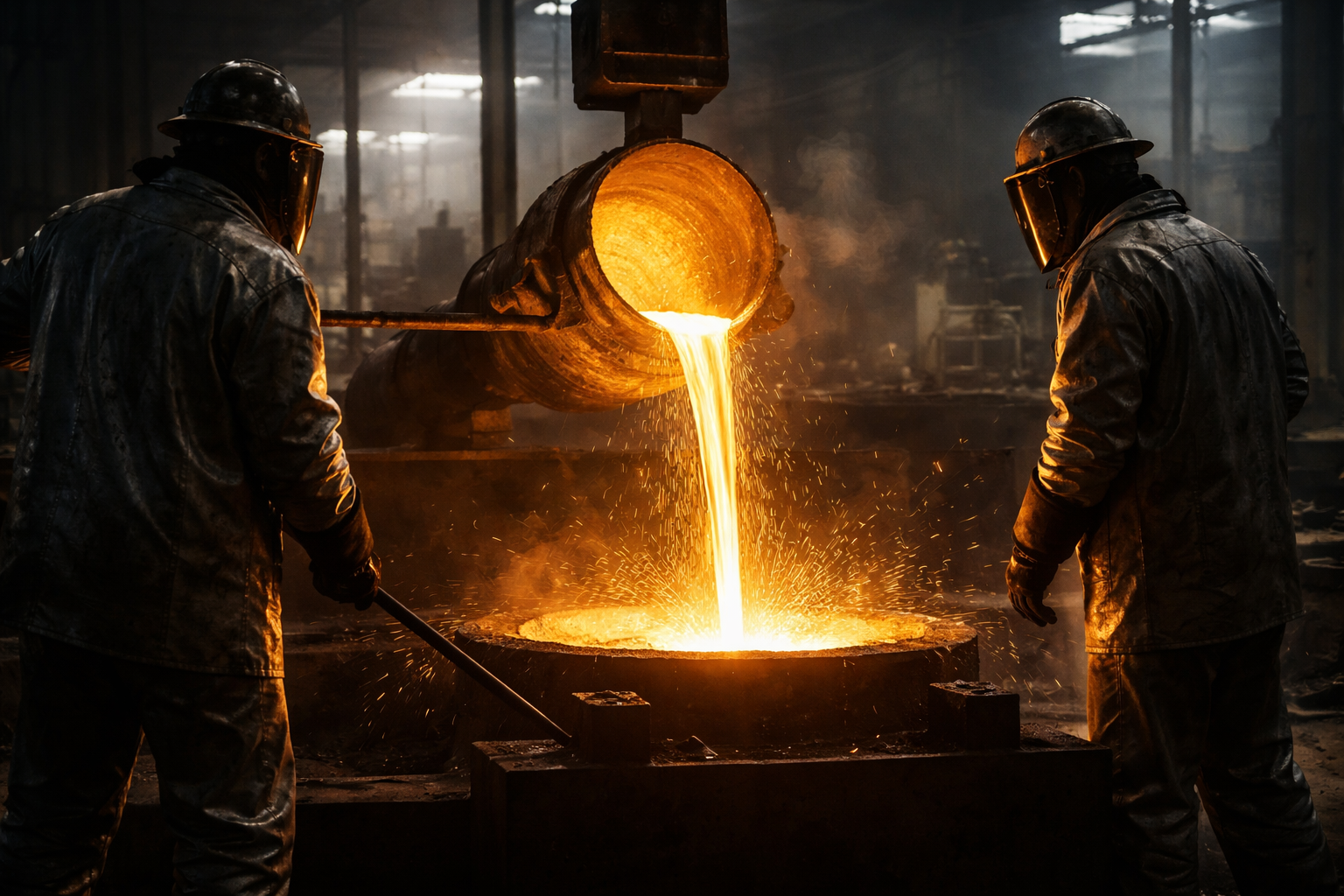 Wide interior view of an unbranded gold-processing room with molten gold pouring from a ladle into a crucible, warm reflections on machinery, and two anonymous workers with faces obscured standing toward the upper area while the foreground lower third is left empty.