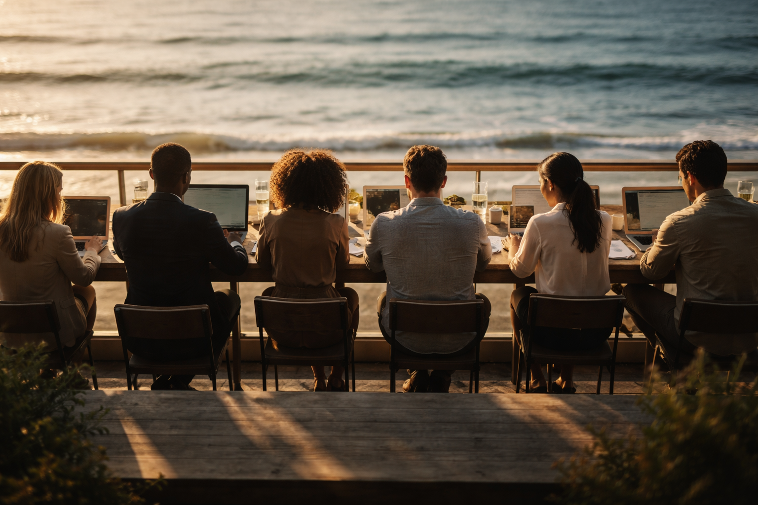 High-angle view from above of diverse anonymous people working at a long seaside coworking table, faces turned away or blurred, bathed in warm early-morning light with the bottom third of the frame left empty.