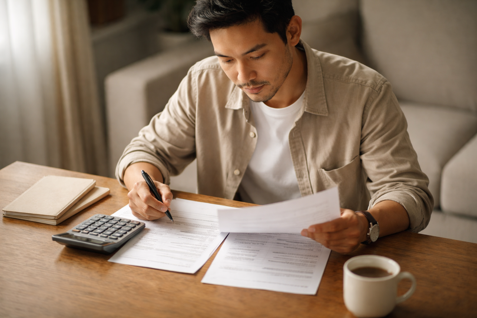 High-angle editorial photo of a fictional mid-30s Southeast Asian person at a wooden table reviewing plain unbranded insurance papers with a calculator, bathed in soft warm window light, with the lower third of the frame left uncluttered.