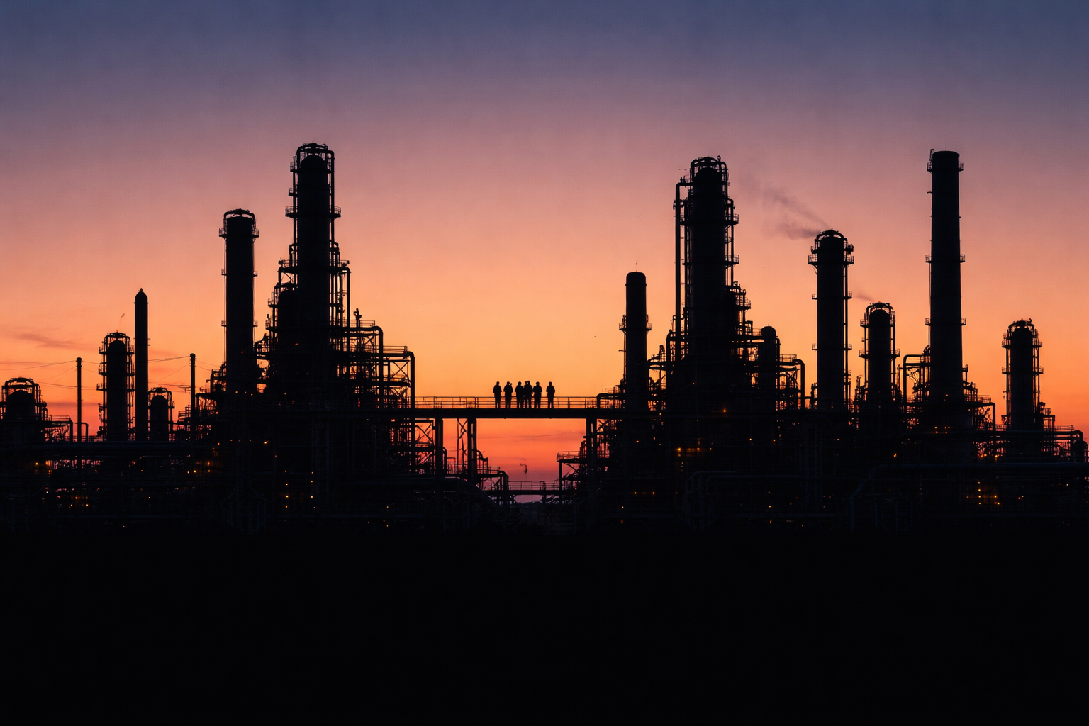 Silhouetted refinery towers and piping at dusk with a small group of anonymous figures on an elevated walkway near center; the lower third of the image is empty and calm.