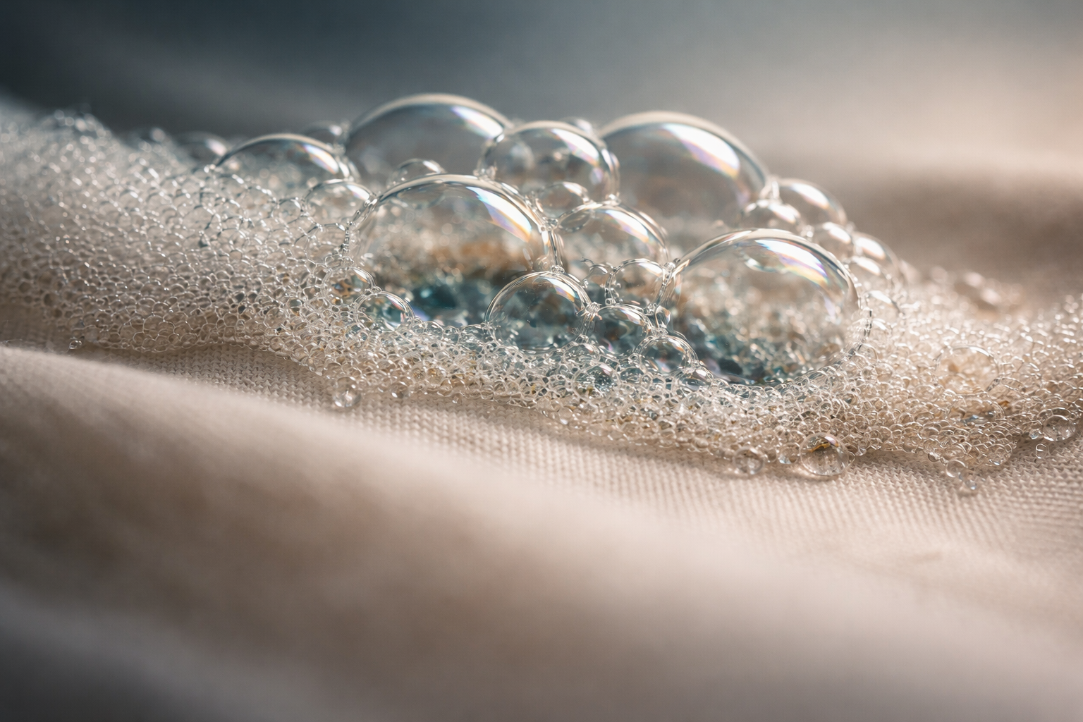 Macro photograph of iridescent soap bubbles and fine foam on soft neutral fabric, bubbles sharp in the upper two-thirds with a blurred, uncluttered lower third.