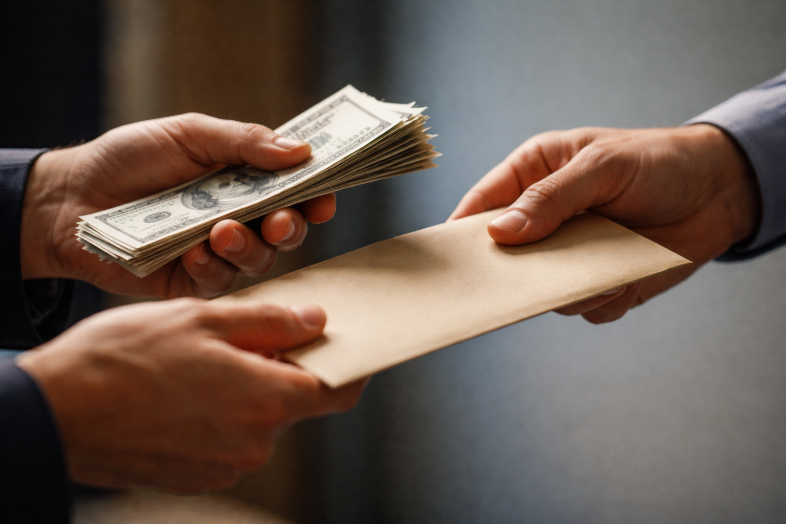 Close motion-detail shot of two anonymous hands exchanging unbranded paper notes and a slim envelope, textured paper visible, soft warm lighting, shallow depth of field with the action centered in the upper two-thirds and a quiet lower third.