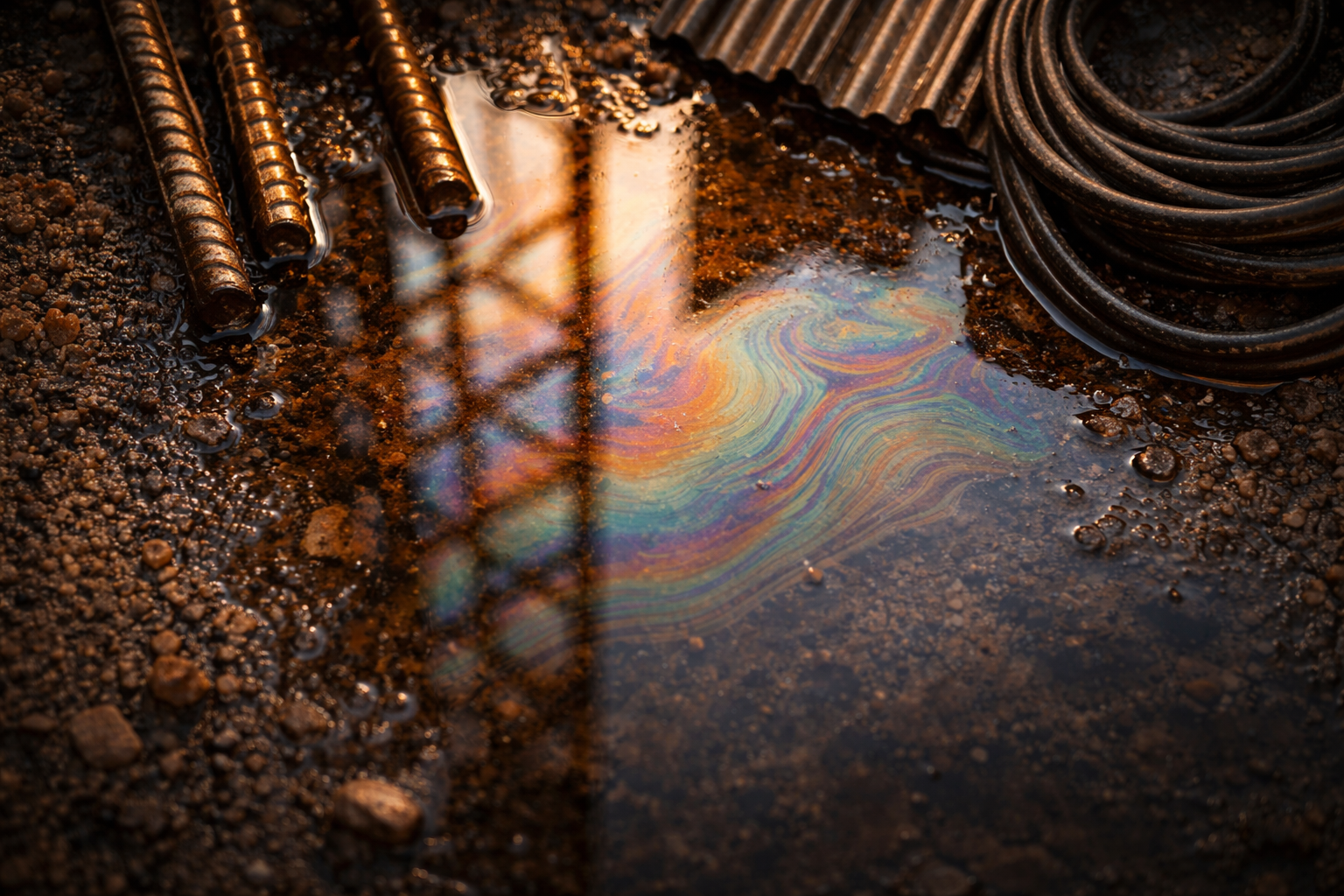 Top-down close-up of a shallow puddle on rough concrete reflecting rebar, corrugated metal and a coiled cable with a faint iridescent sheen; sharp reflections occupy the upper two thirds while the lower third is blurred and dark.