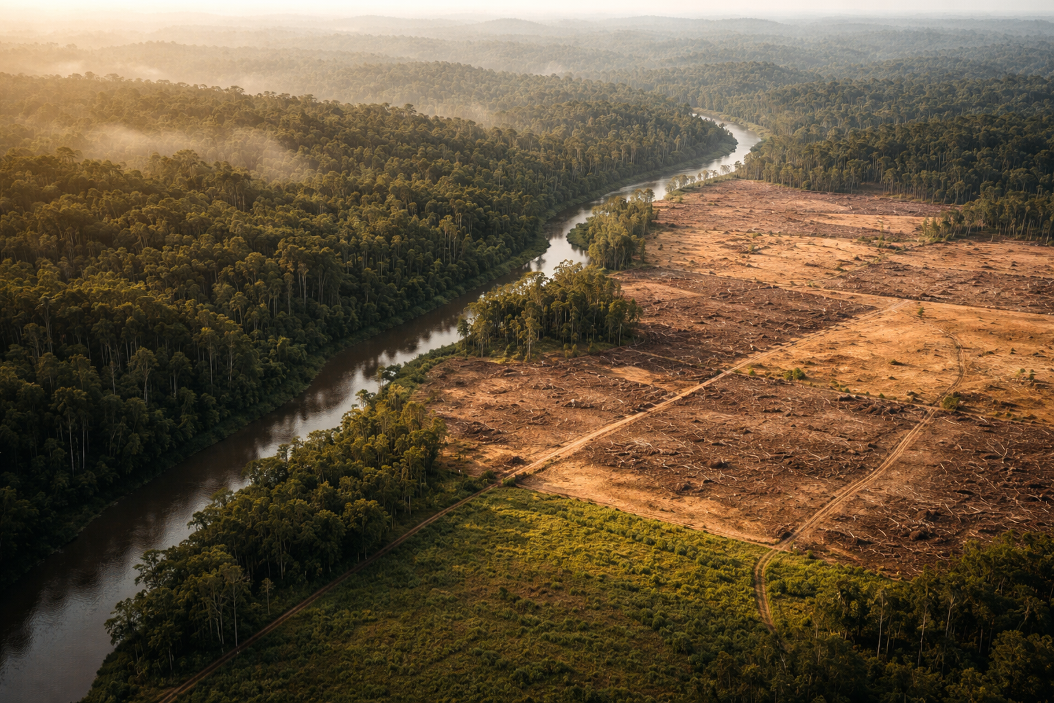 A wide aerial view at golden hour of a patchwork landscape: intact tropical forest beside recently cleared land and a winding river, with the forest centered in the upper two thirds and a clear empty foreground left for headline overlay.