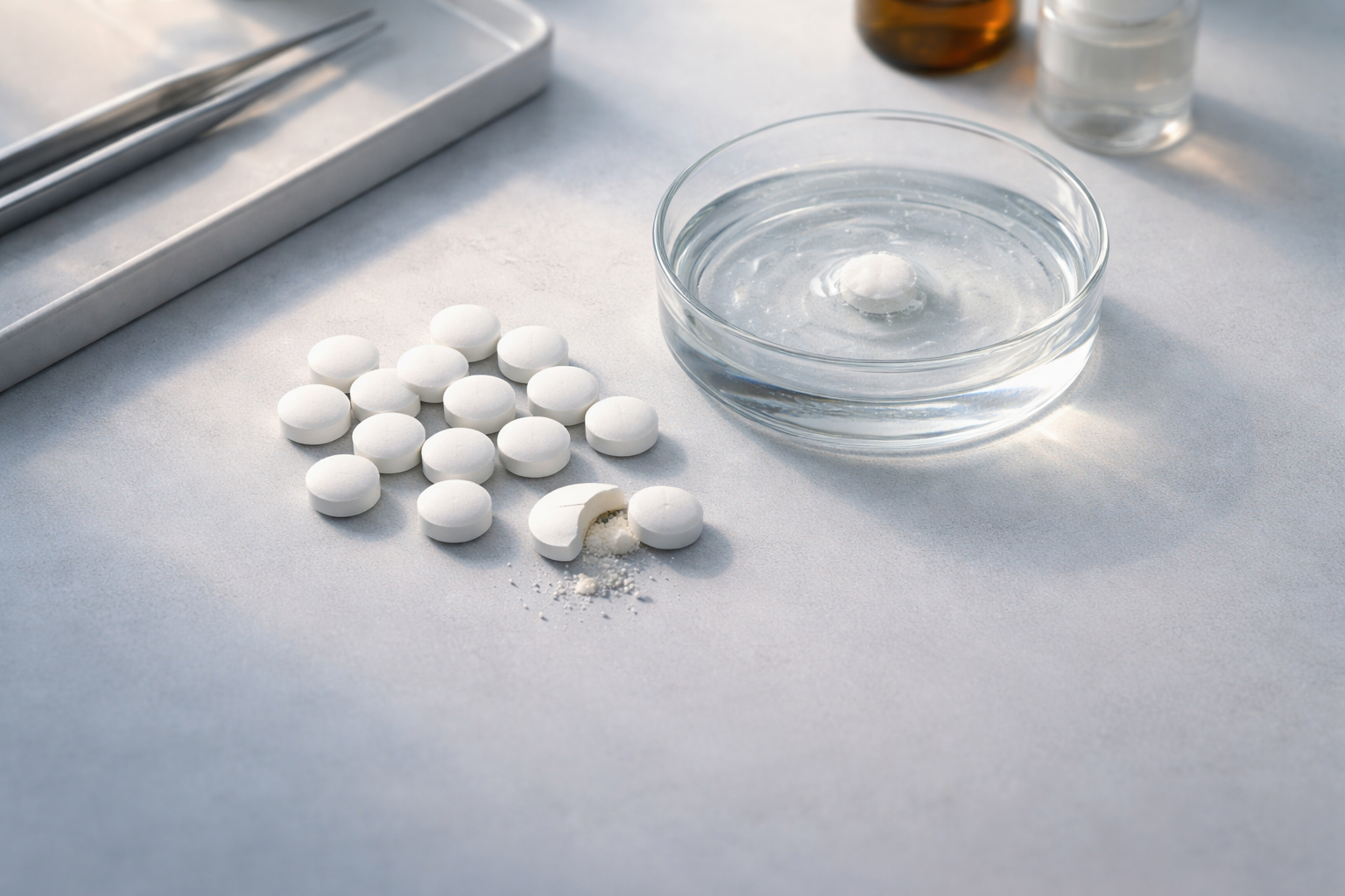 High-angle top-down photo of a clinical tabletop with unmarked white tablets—one split to show coarse granules—and a shallow glass dish where a tablet is dissolving, on a matte tray with soft cool light; the bottom third is intentionally empty.