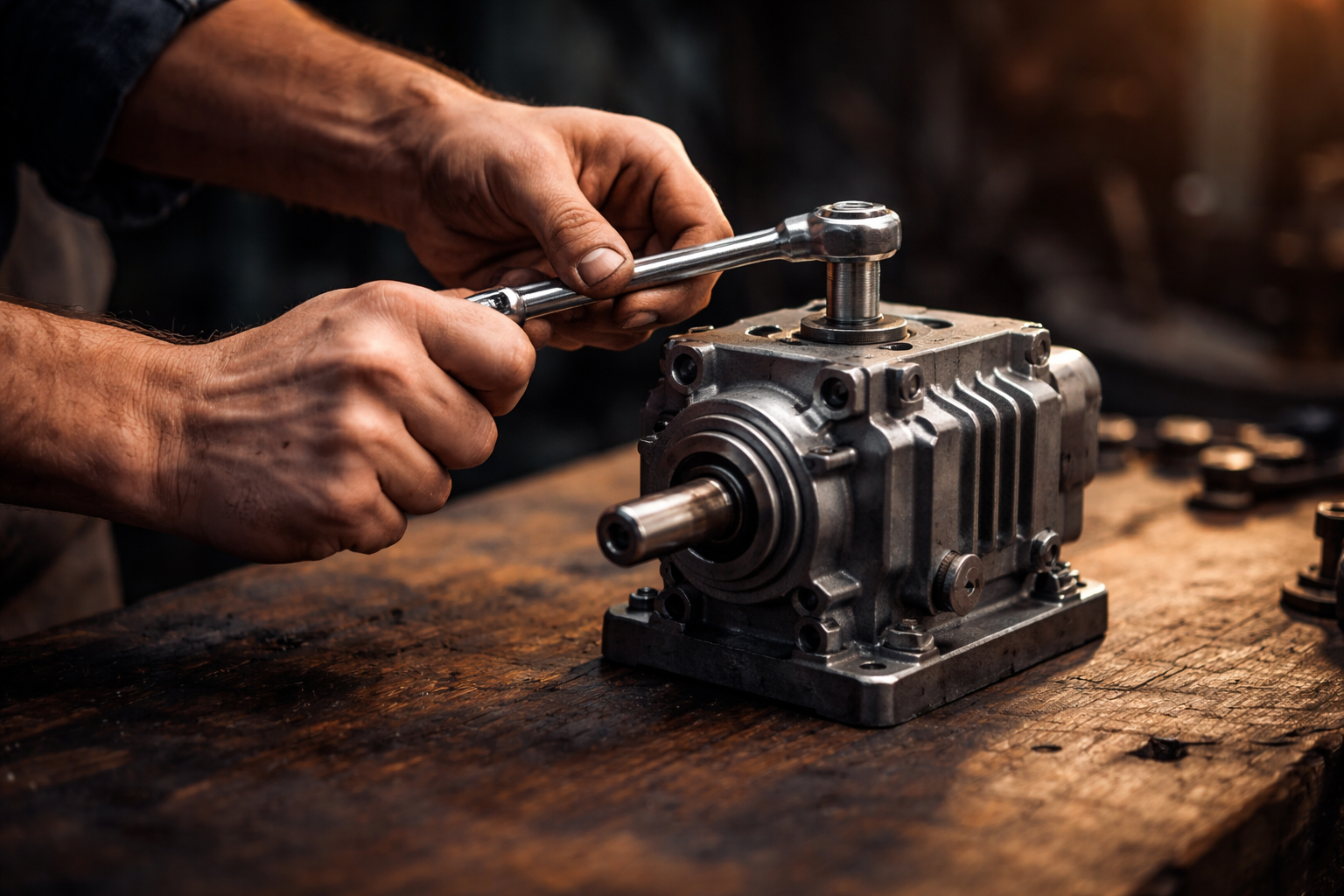 Close-up of anonymous hands tightening a wrench on a small metallic gearbox on a workbench, shot in motion with warm side light and shallow depth of field, leaving the lower third empty.