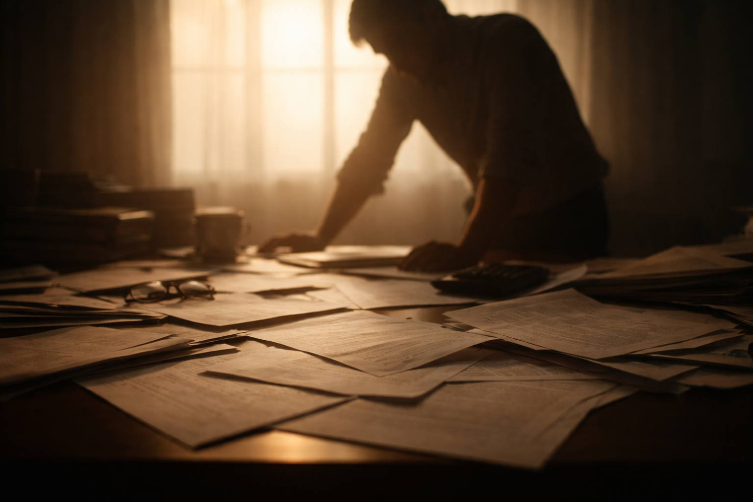 A silhouetted person bends over a desk covered with scattered papers and documents, backlit by warm amber light that emphasizes the texture of the paperwork.