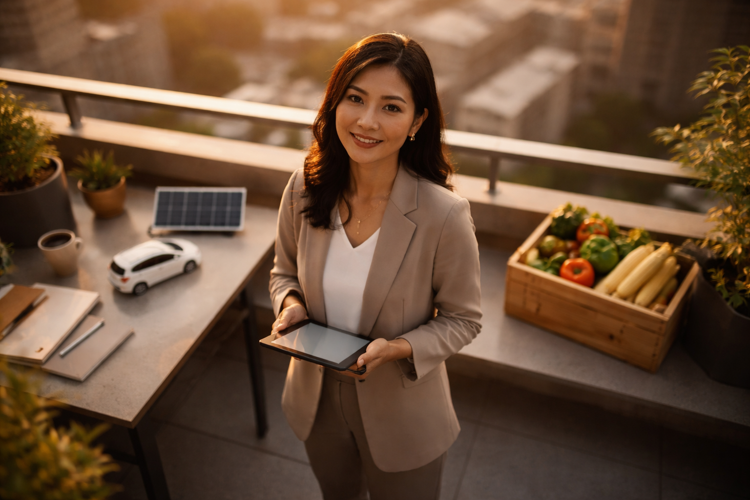 Top-down aerial photo of a fictional Southeast Asian professional woman on a rooftop terrace, centered in the upper frame holding a blurred tablet with small unbranded models of a solar panel, a compact car and a plain food crate beside her, warm golden-hour light and an out-of-focus city behind, a清