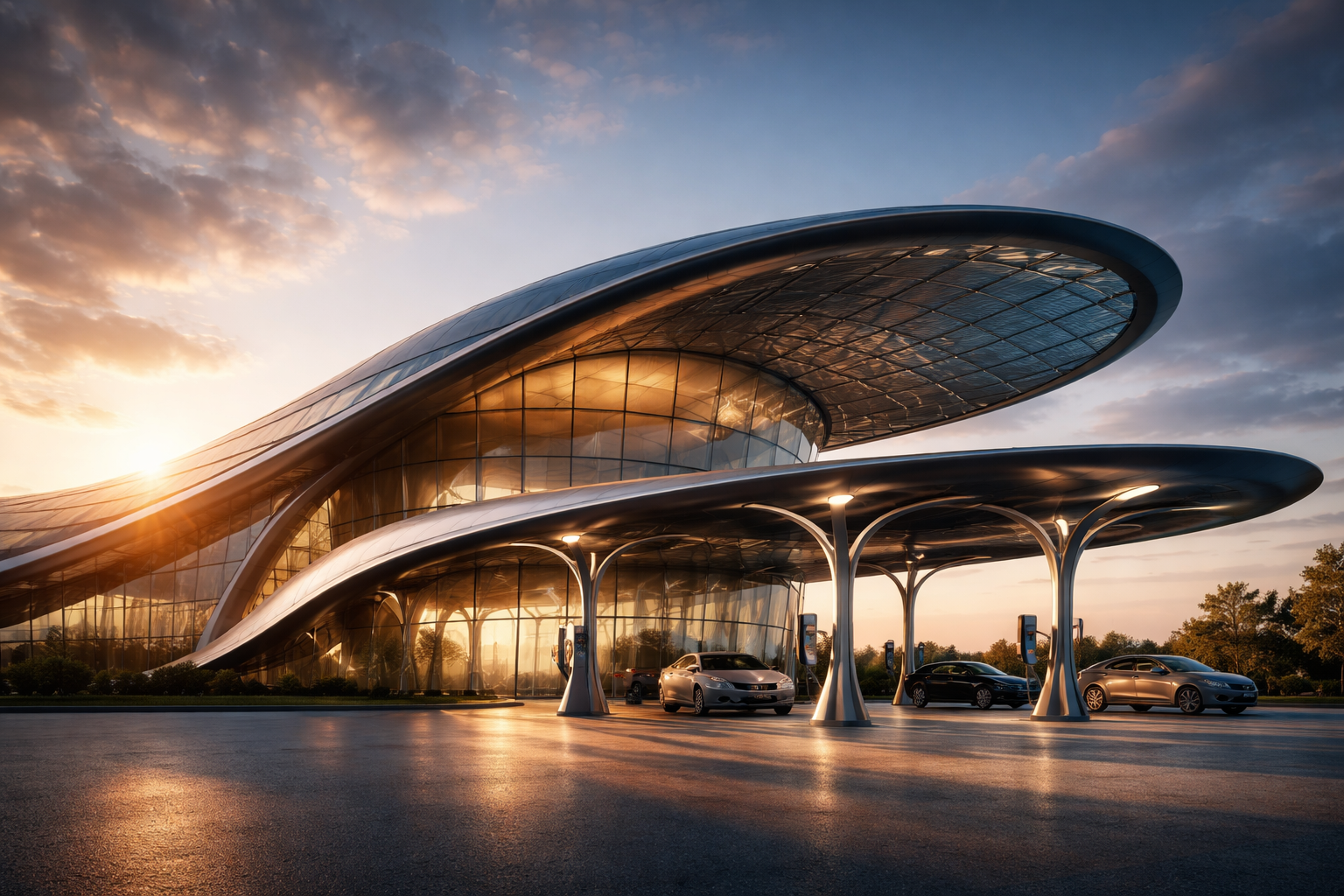 Low-angle photograph of a modern, unbranded automotive research pavilion with sweeping glass and metal canopy, integrated solar panels and tall charging arms lit by warm golden-hour rim light against a cool sky; the lower third of the frame is left empty.