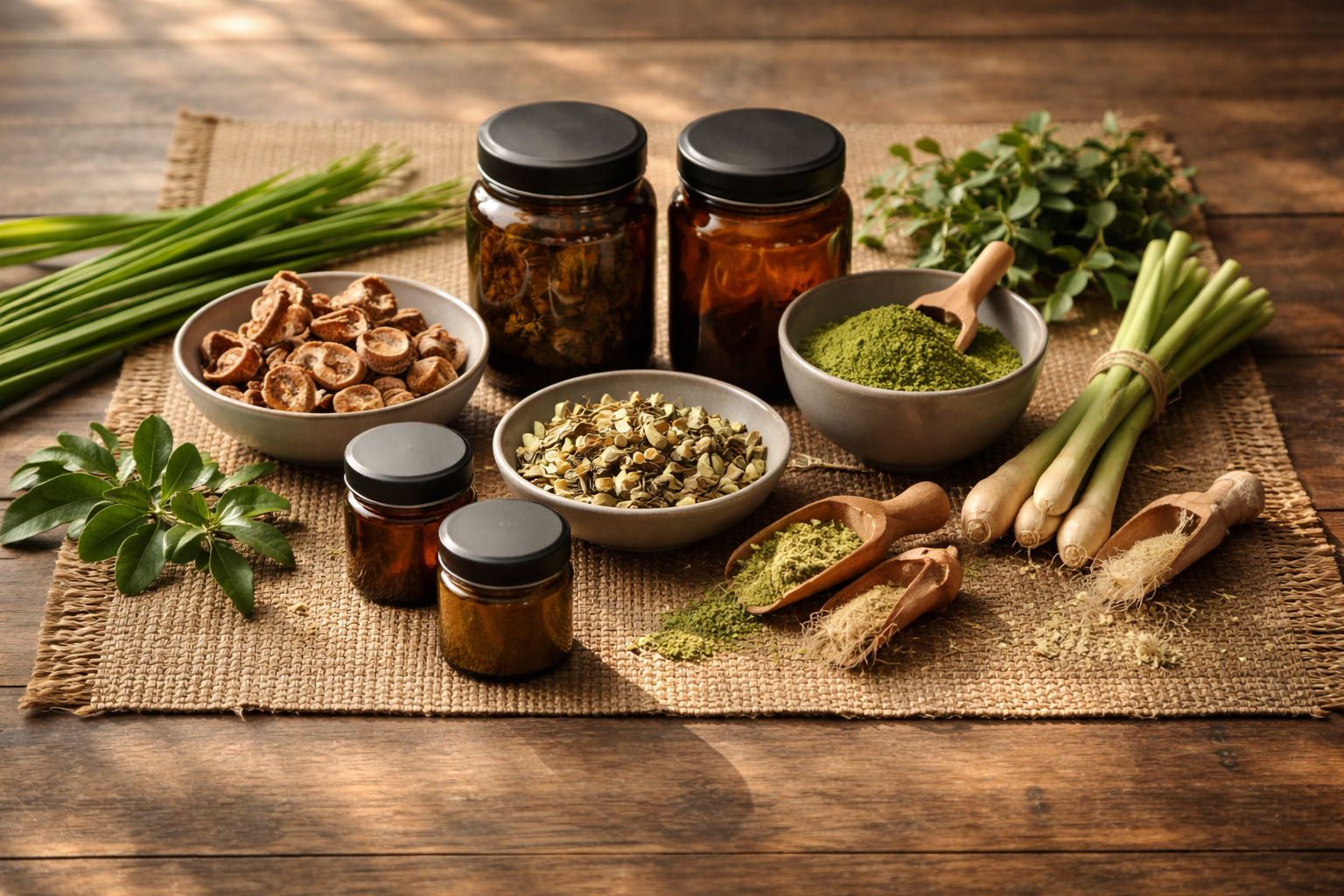 Wide overhead still-life of unbranded amber jars, wooden scoops and ceramic bowls filled with dried Thai herbs, powders and fresh stalks on a wooden table with soft morning light; bottom third of the frame left empty.