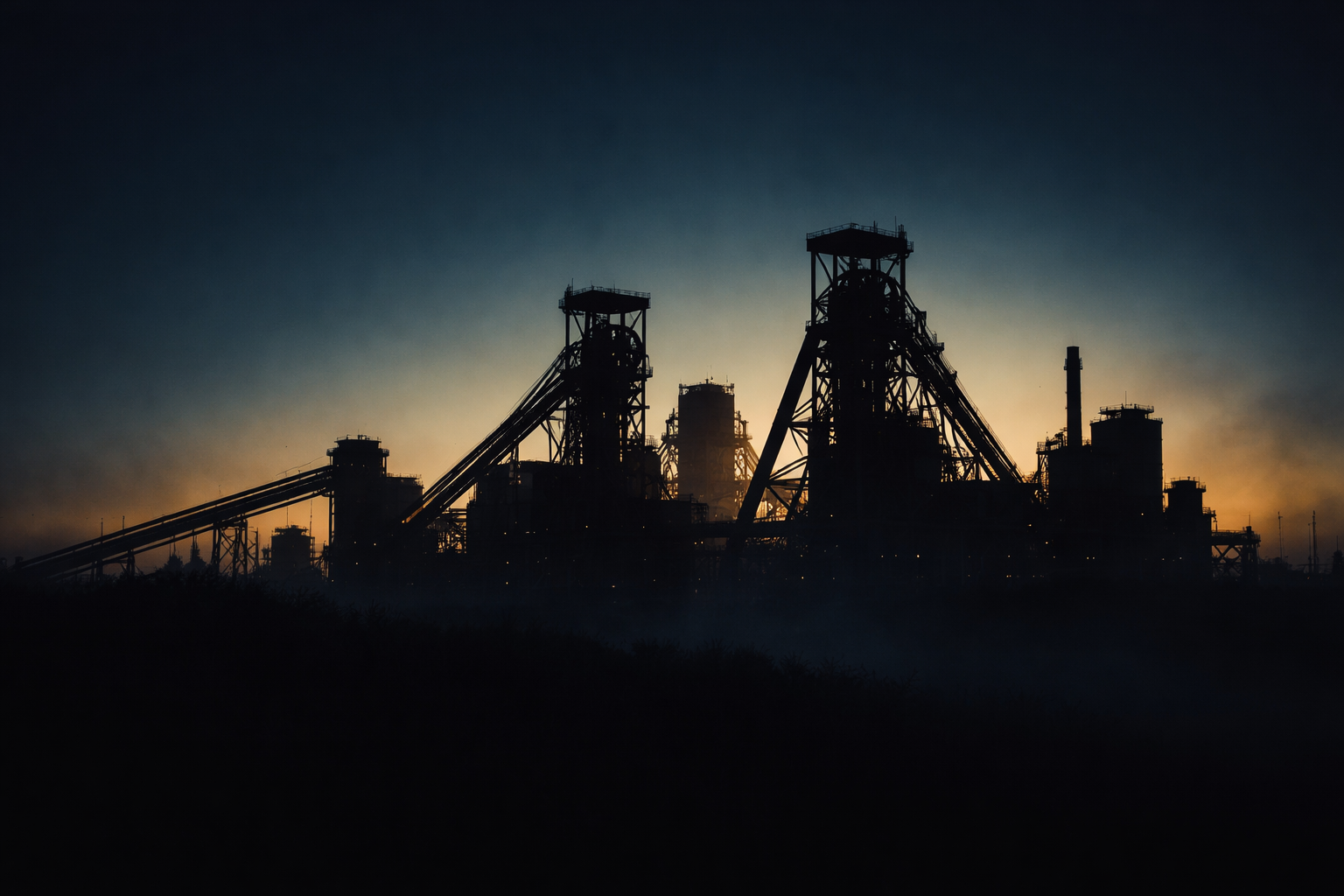 Dusk silhouette of a generic industrial/mining skyline with headframes and towers clustered in the center upper two-thirds against a deep indigo sky, warm rim light on metal edges and a dark, uncluttered lower third.