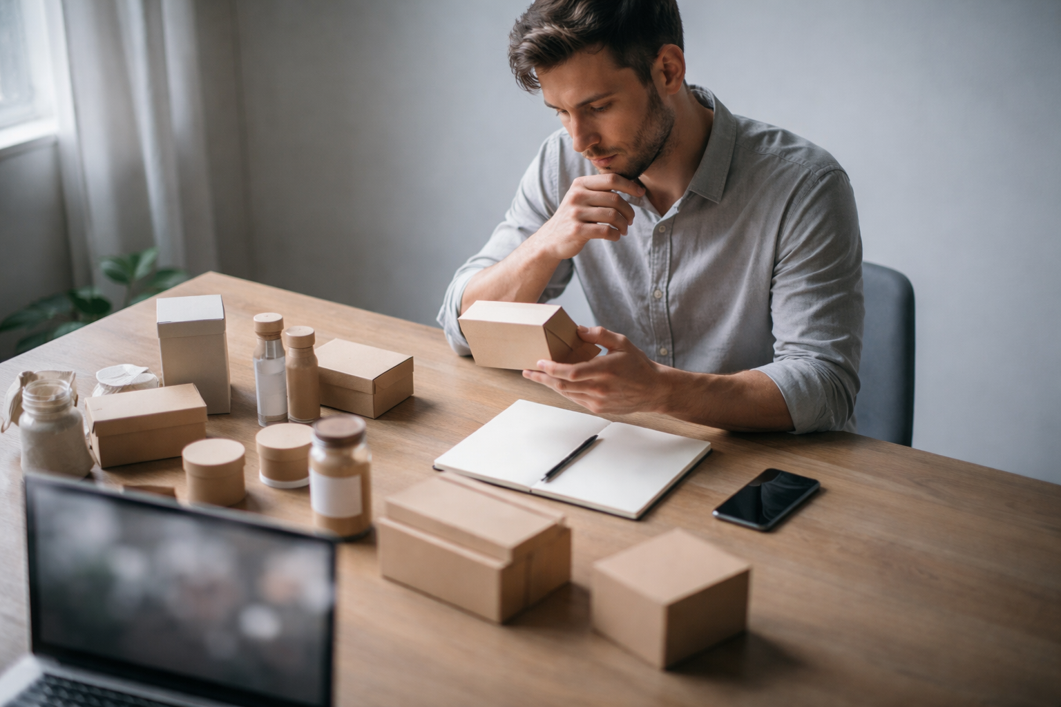 High-angle photo of a young entrepreneur at a wooden table surrounded by product samples, a blank notepad and a blurred laptop, lit by soft daylight with muted tones and an empty lower third.