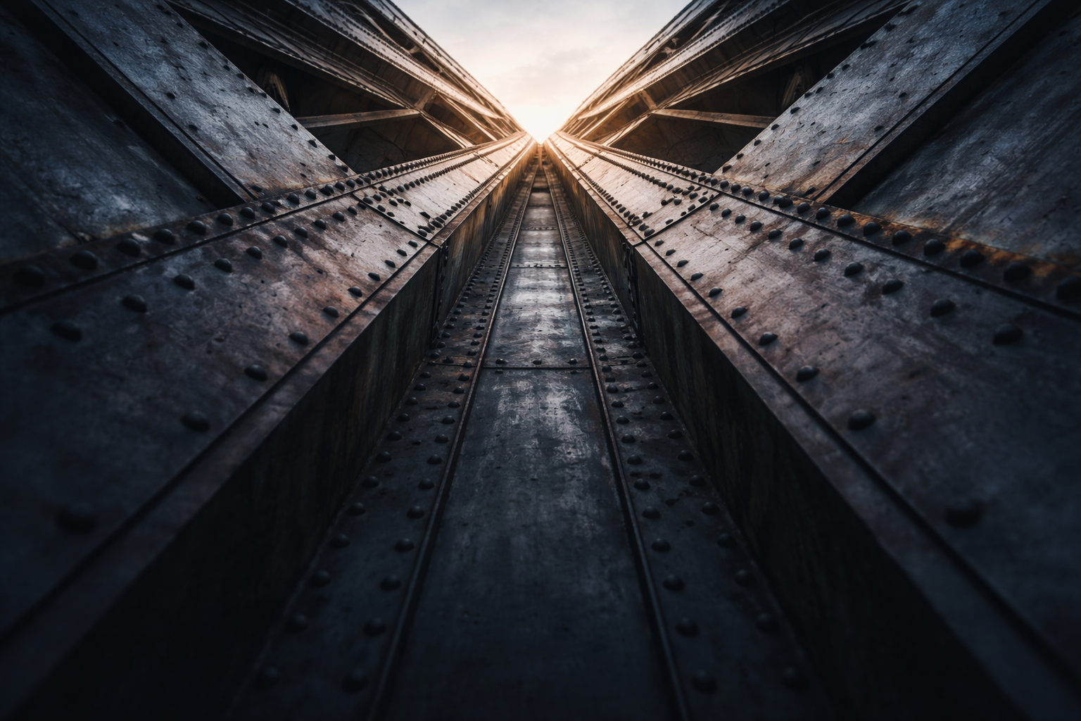 Low-angle photo of weathered riveted steel beams and plates converging overhead, cool blue-gray metal with warm rim light, lower third softly blurred and empty.