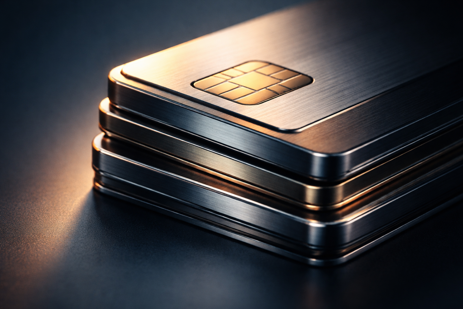 Extreme macro photograph of stacked, edge-on unbranded payment-card–like plastics with brushed metal accents and warm-gold rim lighting, centered in the upper two thirds against a muted cool-blue background with the bottom third left intentionally empty.