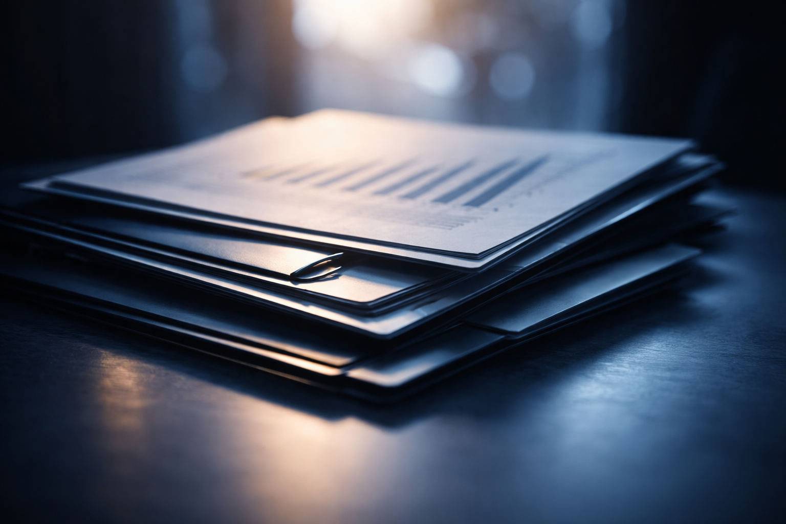 Backlit close-up silhouette of layered, unbranded investment documents and slim portfolio folders fanned on a desk, with sharp paper-edge outlines in the upper two-thirds and a soft, empty lower third.