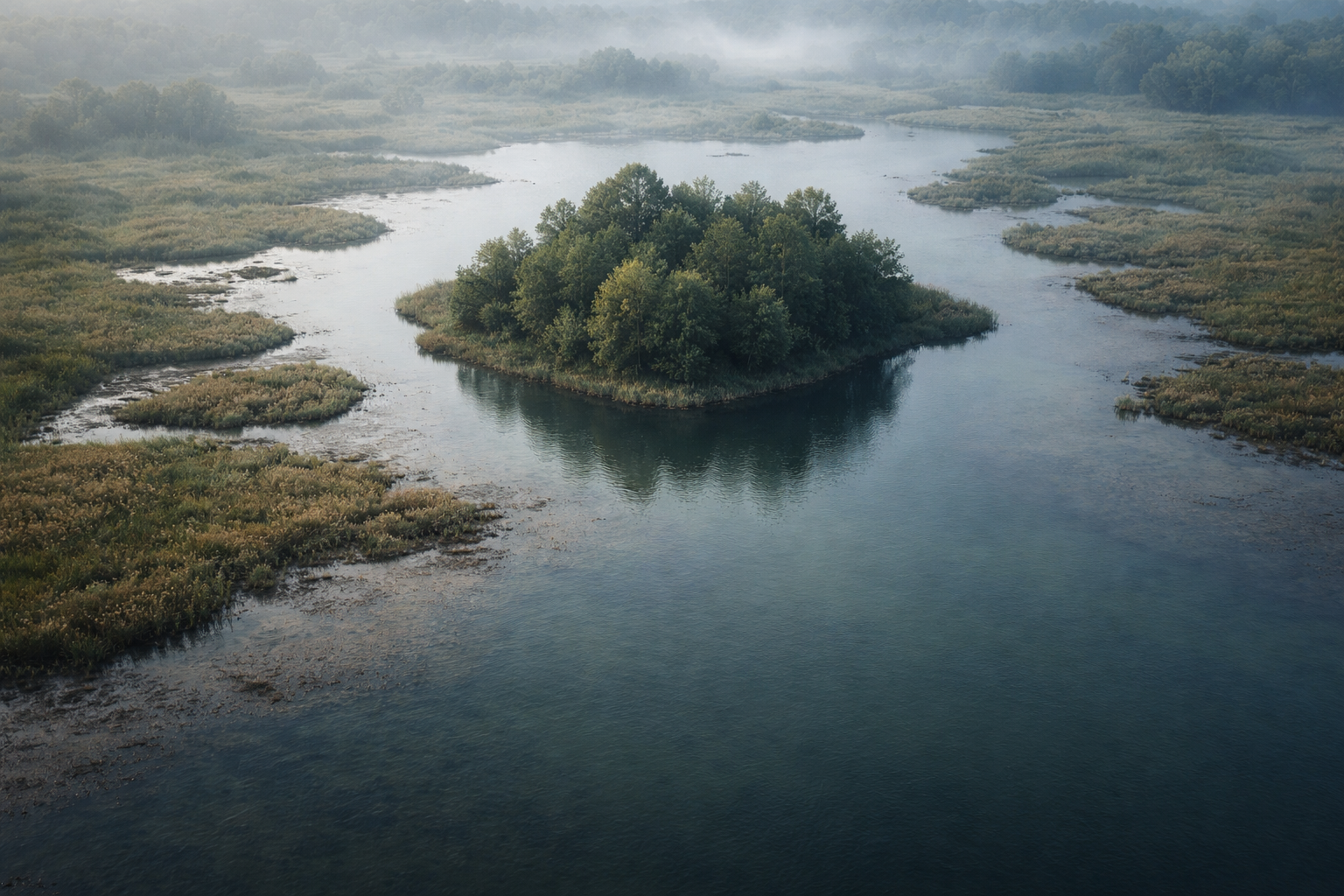 Aerial top-down photo of a small tree-covered river island and surrounding marshes in muted greens and blues, with the island centered in the upper two-thirds and calm reflective water forming a quiet lower third.