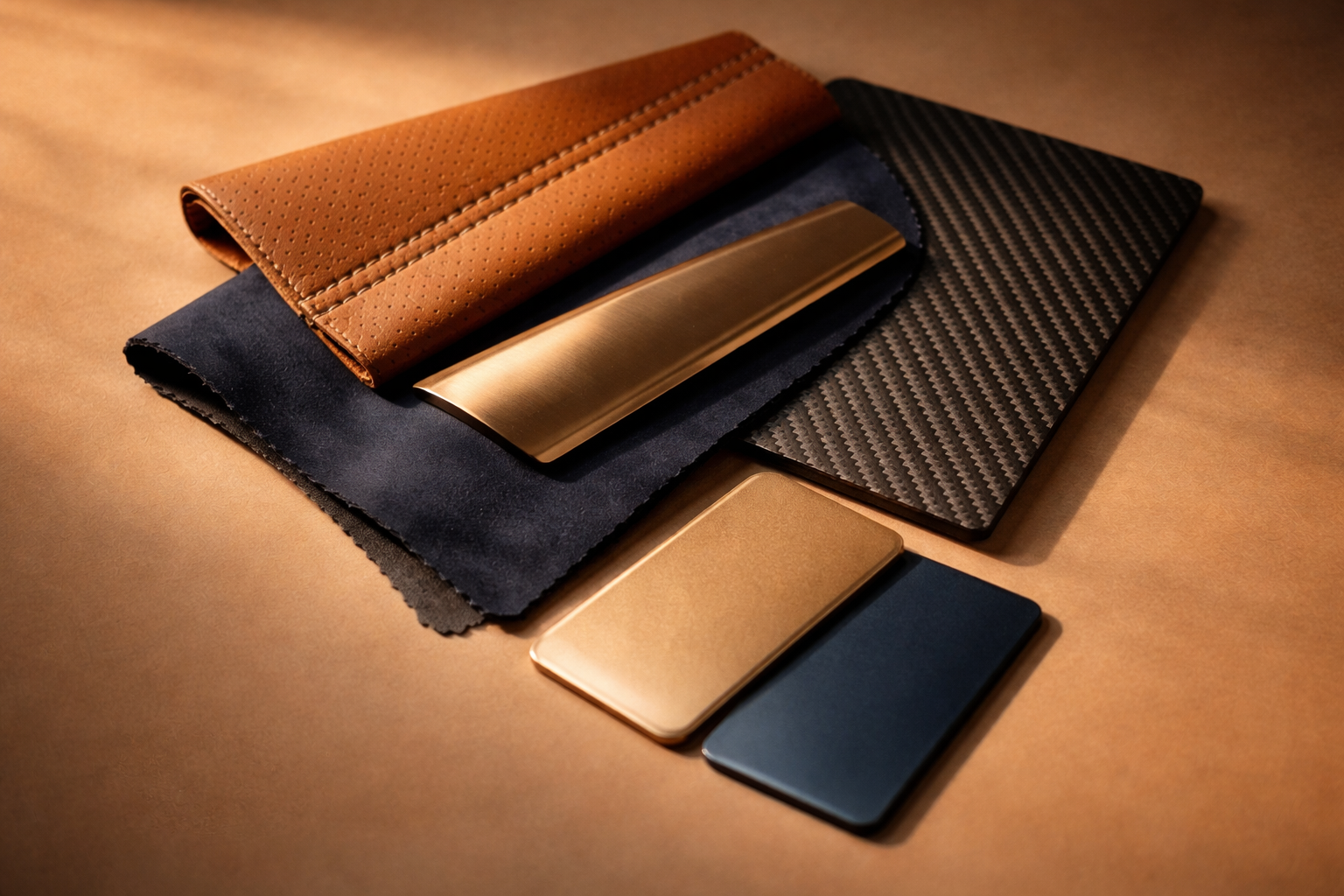 High-angle view of automotive material samples — stitched camel leather, deep navy Alcantara, brushed gold metal trim, matte carbon-fiber weave and two paint swatches — arranged on a neutral tabletop with warm late-afternoon light; the lower third of the frame is left empty.