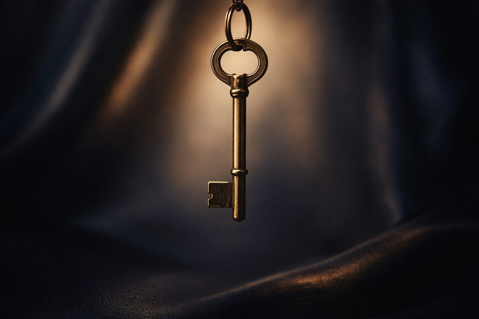 Close-up silhouette of a vintage brass hotel key rim-lit in gold against a blurred silk-and-leather background, positioned in the upper two-thirds of the frame with a dark, uncluttered lower third.