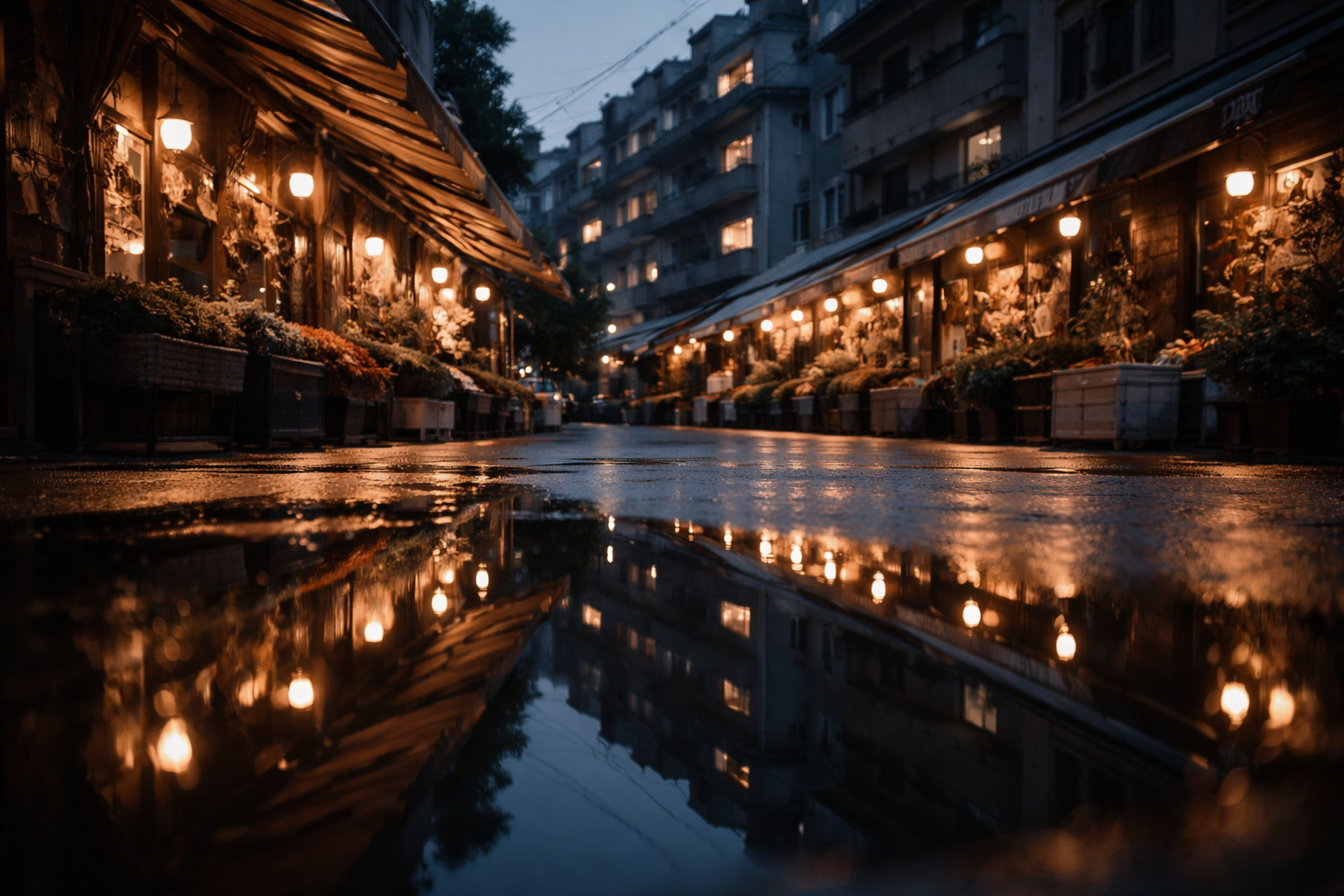 Dusk scene of a rain-soaked urban street where a shallow puddle in the foreground reflects unbranded market awnings and apartment façades; buildings sit in the upper two-thirds and the lower third is smooth wet pavement.