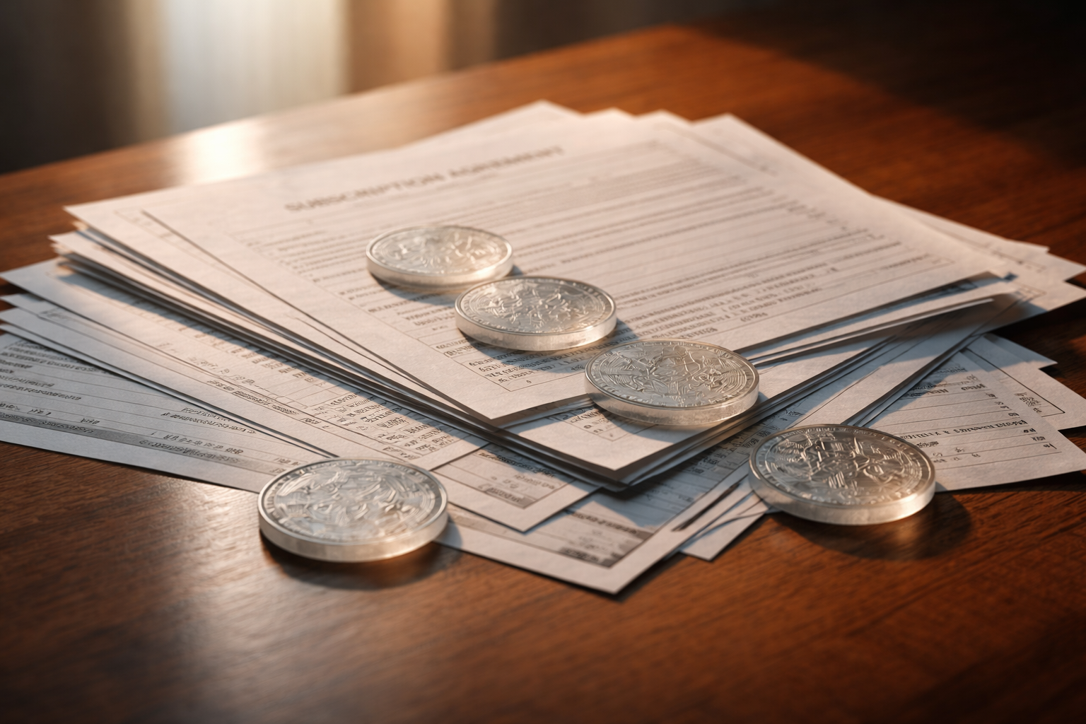 Low-angle photo showing fanned subscription documents and matte receipts on a wooden counter with translucent crypto-token discs and warm side light; the lower third is intentionally empty and blurred.