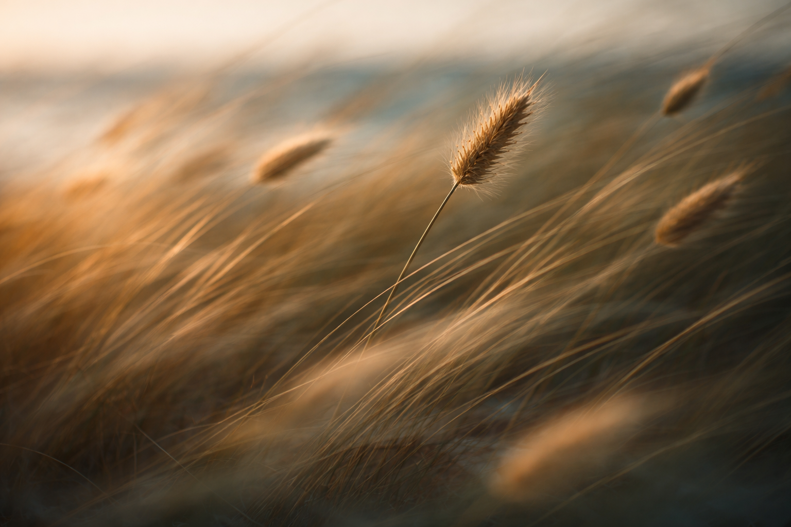 Close-up of coastal grasses in golden-hour light with a single seedhead sharp in the center and surrounding stalks blurred into gentle motion arcs, leaving the lower third calm and empty.