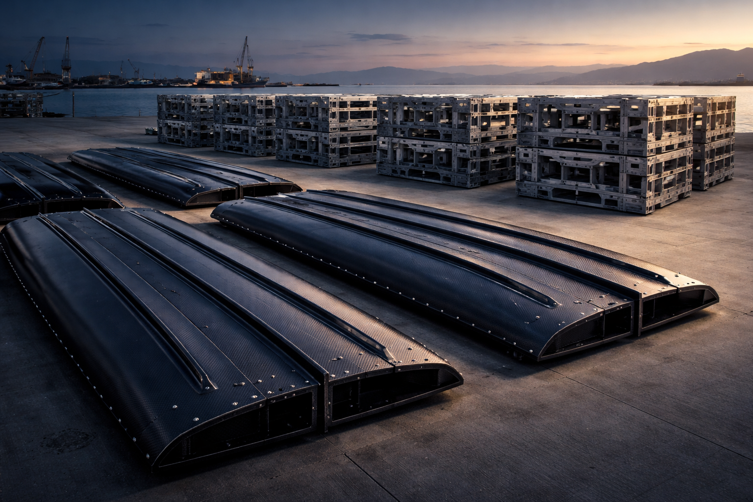 Wide dockside view of stacked carbon-fiber hull panels and machined aluminum frames on a shipyard pier at dusk, main subject centered in the upper two-thirds and the lower third left clear.