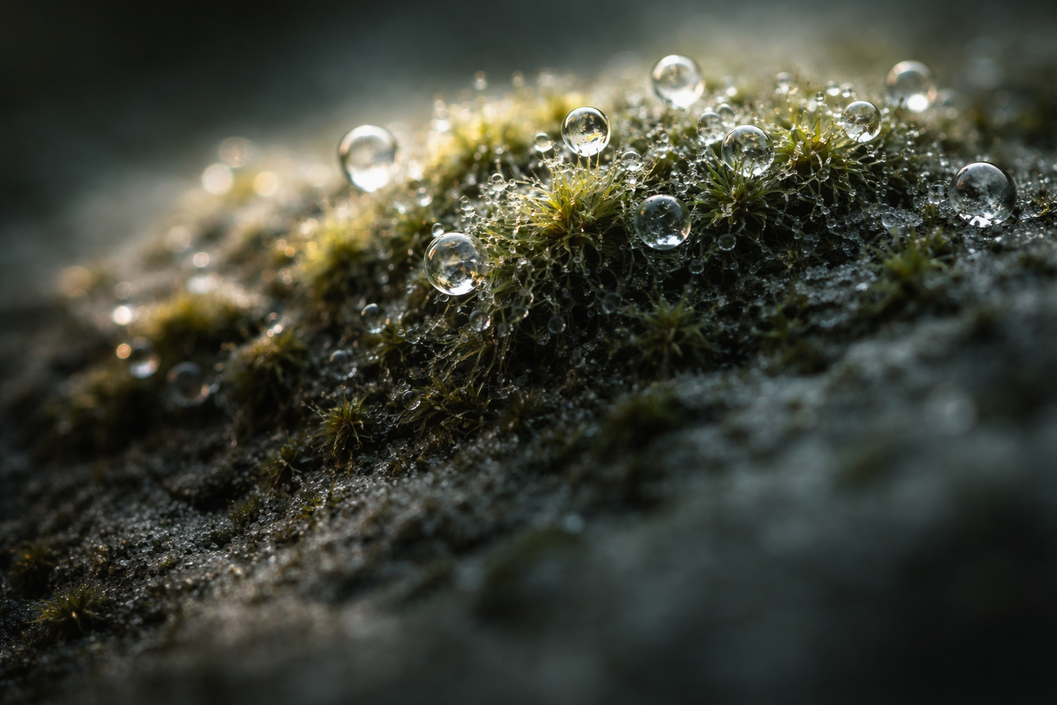 Macro photo of rain-dappled green moss with clustered dew droplets and delicate branching filaments, held in the upper two-thirds of the frame with a soft, uncluttered lower third.