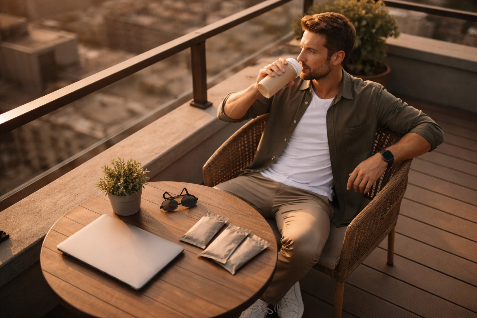 Aerial view from above of a fictional entrepreneur standing on a rooftop terrace with unbranded protein sachets and a closed laptop, bathed in warm golden-hour light, with the bottom third of the frame left empty.