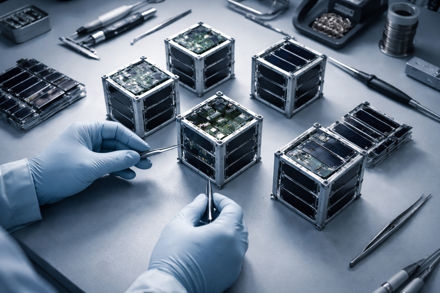 Top-down view of a clean-room bench where gloved hands work on multiple unbranded small-satellite frames and circuit boards clustered in the center, lit with cool soft daylight and muted blue-grey tones; the bottom third is left clear.