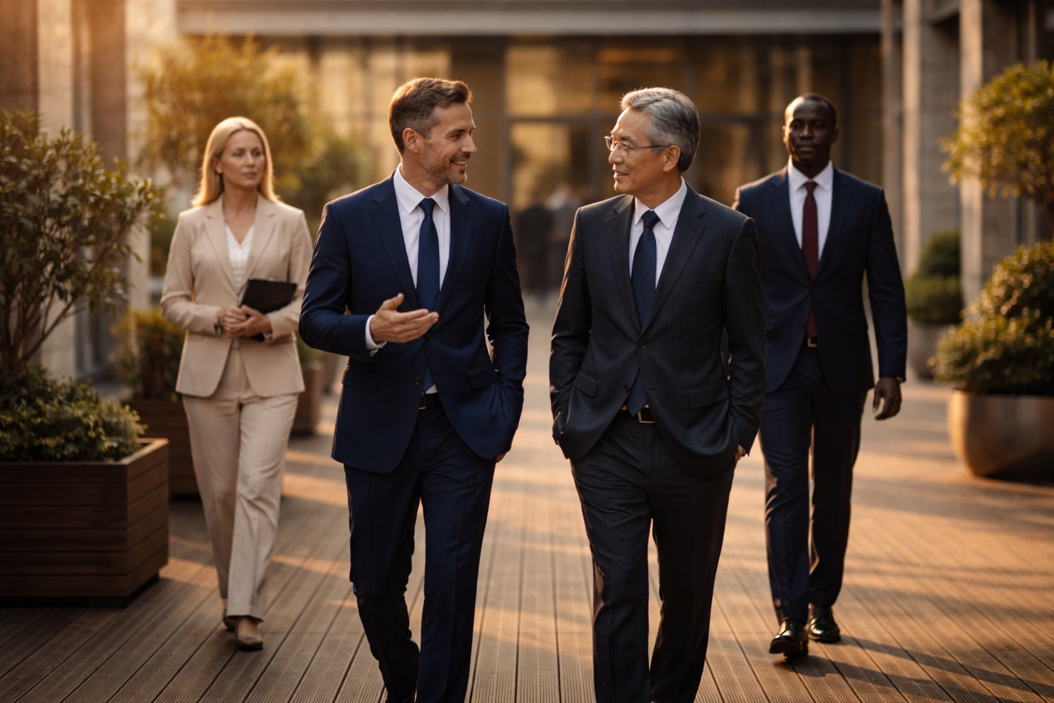 Wide shot of two small delegations walking and talking across a modern courtyard at golden hour, two lead delegates centered and conversing, with wooden terrace and potted plants and an uncluttered lower third.