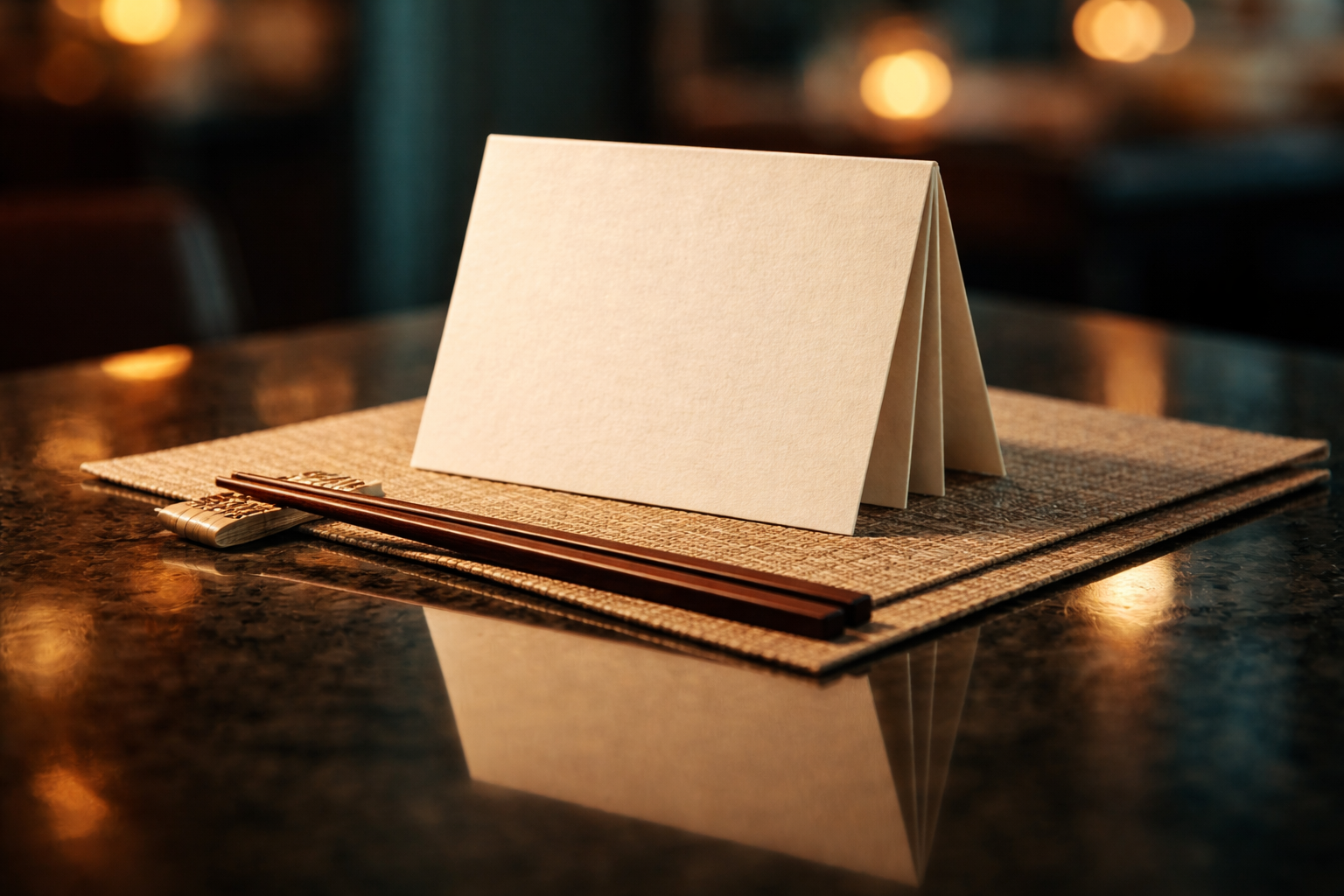Blank folded menu cards and textured paper placemats with a pair of chopsticks are reflected in a glossy dark tabletop under warm bokeh lighting, the arrangement occupying the upper two-thirds while the lower third remains empty.