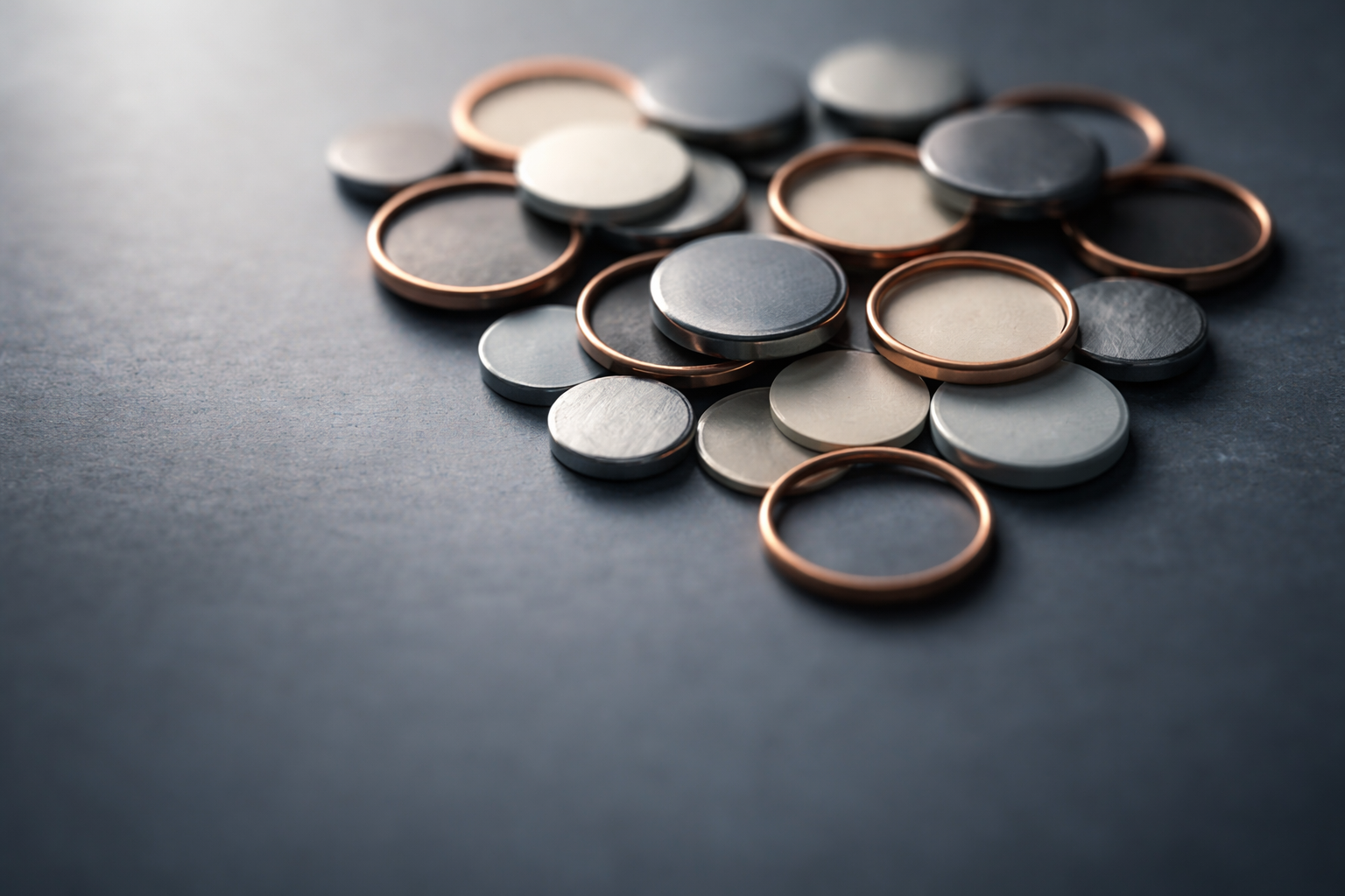 High-angle close-up of clustered metallic token discs, thin copper rings and paper slips on a slate surface, shallow focus with cool muted tones and a warm copper highlight; main group sits in the upper two-thirds, lower third left empty.