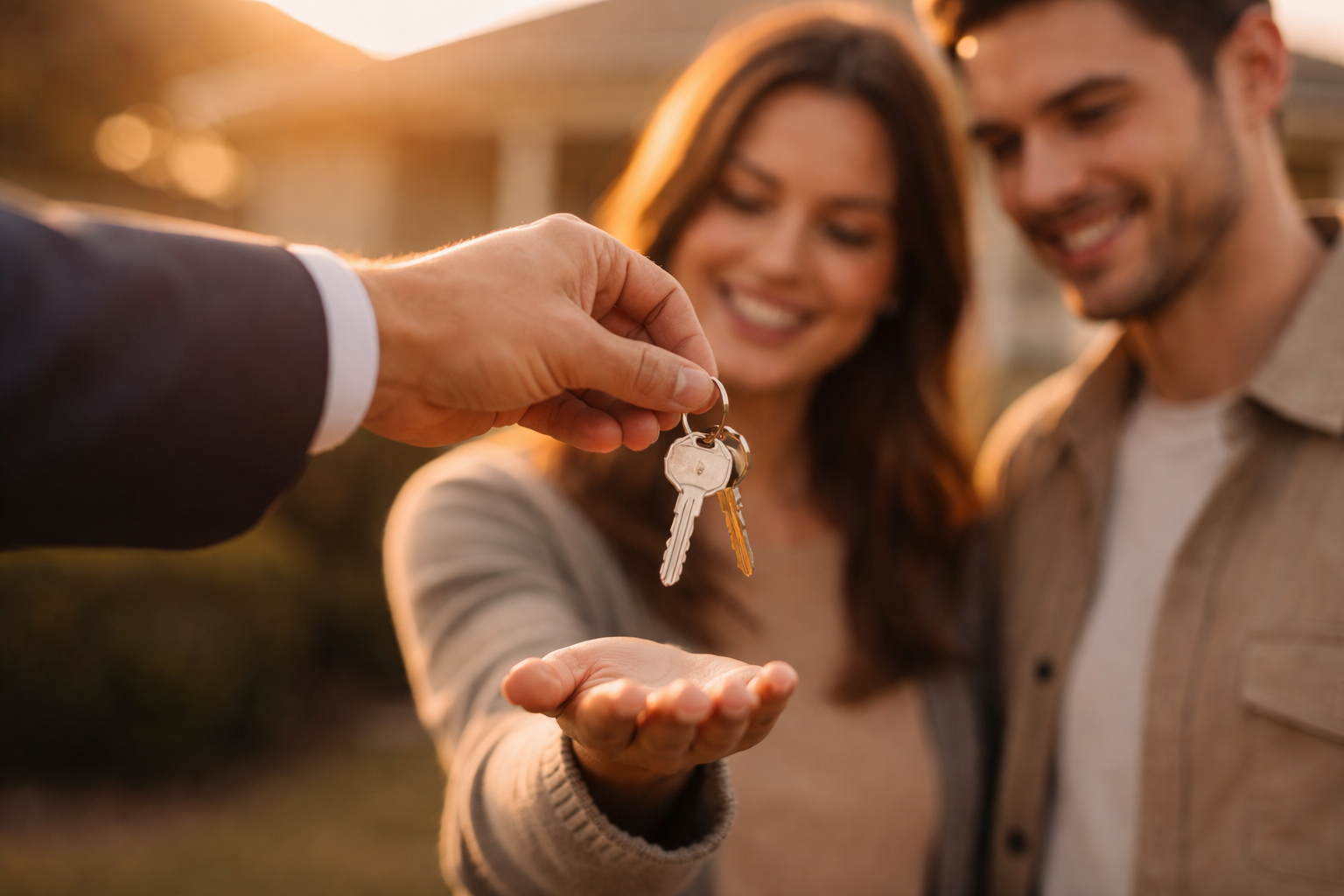 Close motion-detail photo of a fictional real-estate agent handing unbranded house keys to a smiling buyer, keys caught mid-transfer with soft motion blur, warm golden-hour backlight and shallow depth of field, subjects positioned in the upper two thirds while the lower third remains uncluttered.