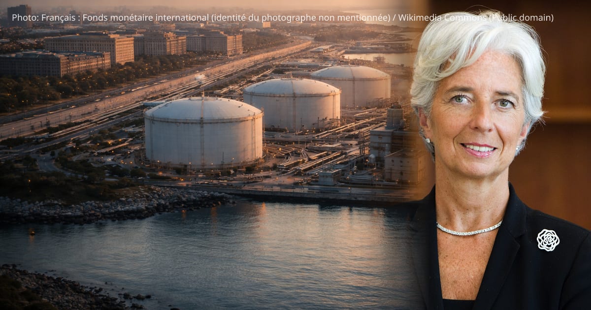 Christine Lagarde — Aerial golden-hour photo of a coastal energy hub with circular LNG tanks, pipelines and a small power plant at the center, blurred institutional buildings and an empty boulevard behind; the lower third is left visually calm for a headline.