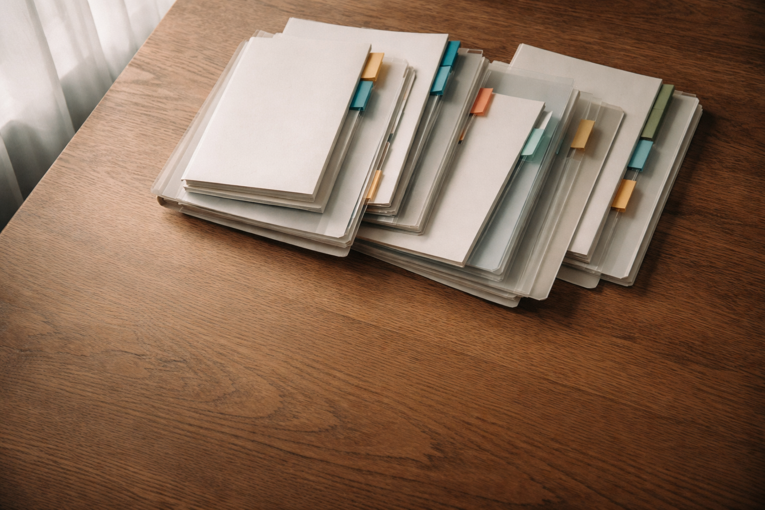 High-angle view of stacked neutral archival folders and bound reports with colored tabs clustered in the upper two-thirds of a wooden table, lower third left clear.
