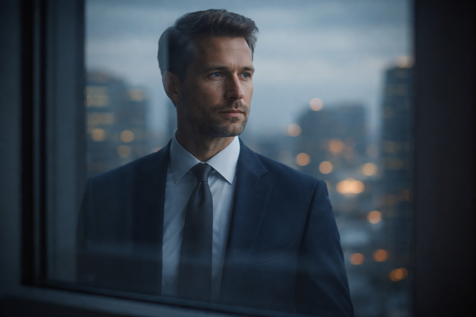 Reflected three-quarter portrait of a fictional person in an office window at dusk, face and shoulders visible against blurred city lights, in muted blue tones with a calm, darker lower third.