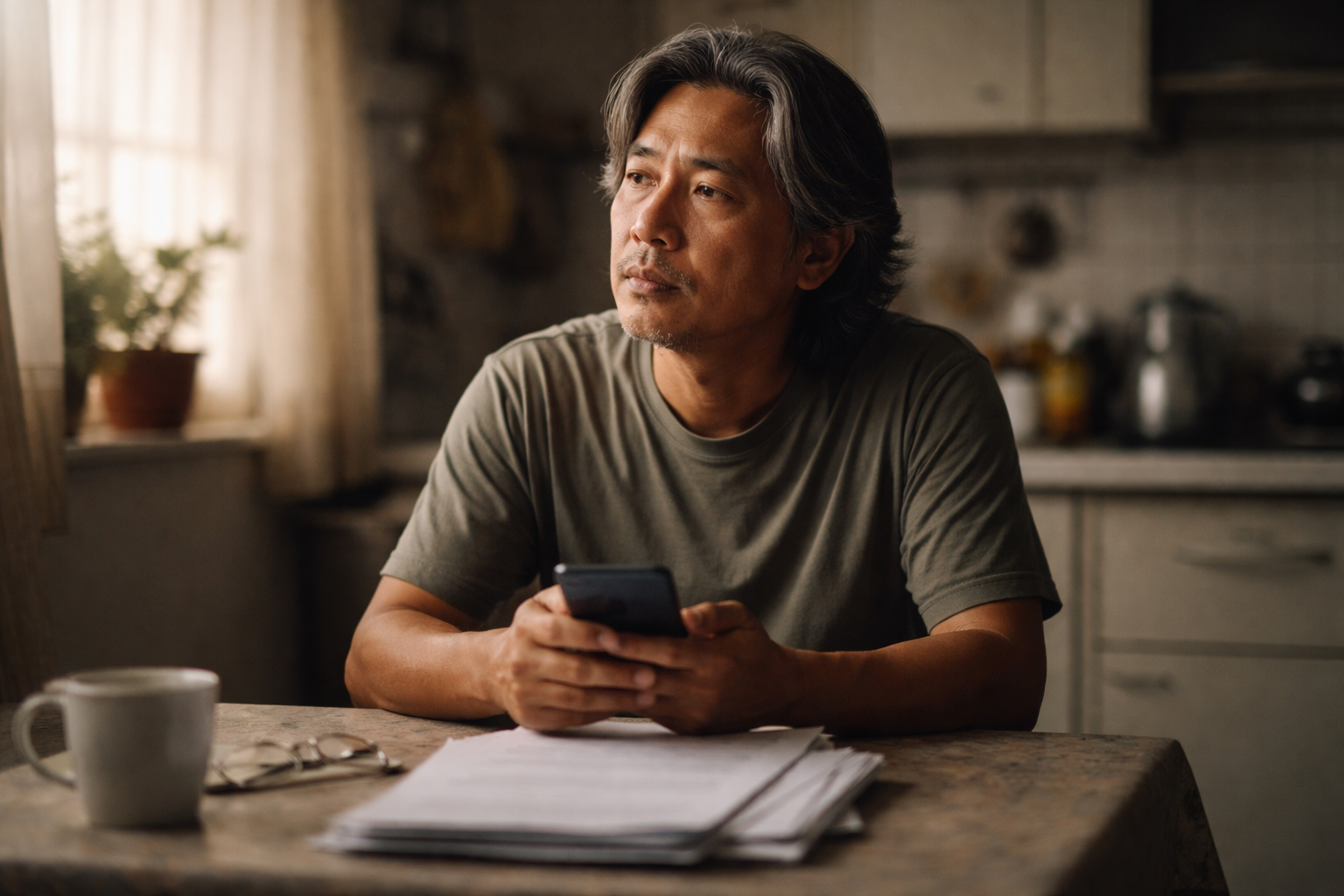 Wide photo of a fictional middle-aged person at a kitchen table under late-afternoon light, looking thoughtfully at a smartphone with blurred unbranded papers on the table and an uncluttered, darker lower third.