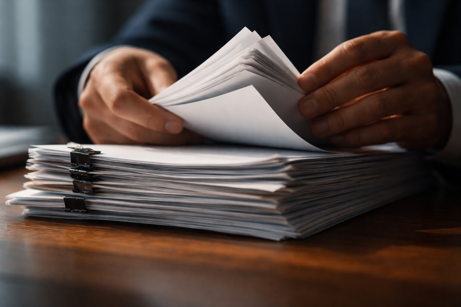Close-up of anonymous hands flipping a thick stack of printed budget papers, motion blur on the page edges, soft directional light and an empty lower third.