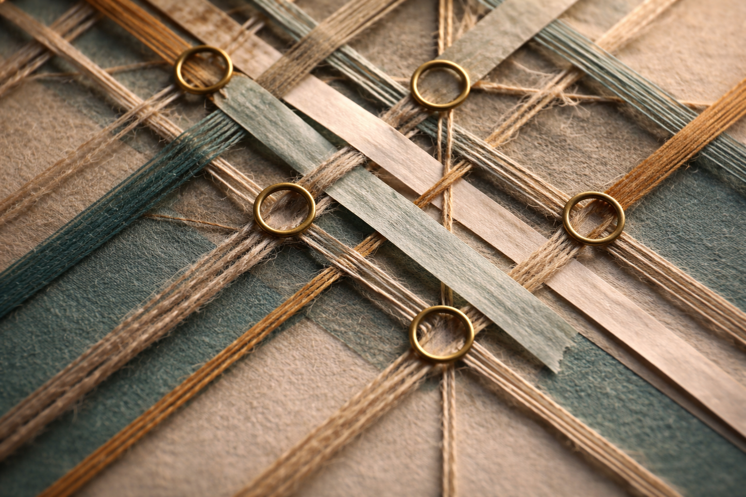 Top-down macro aerial photograph of an abstract woven arrangement of natural fibers, paper strips and small matte metal rings forming a textured grid concentrated in the upper two-thirds, with a muted teal and ochre palette and a clear, uncluttered lower third.