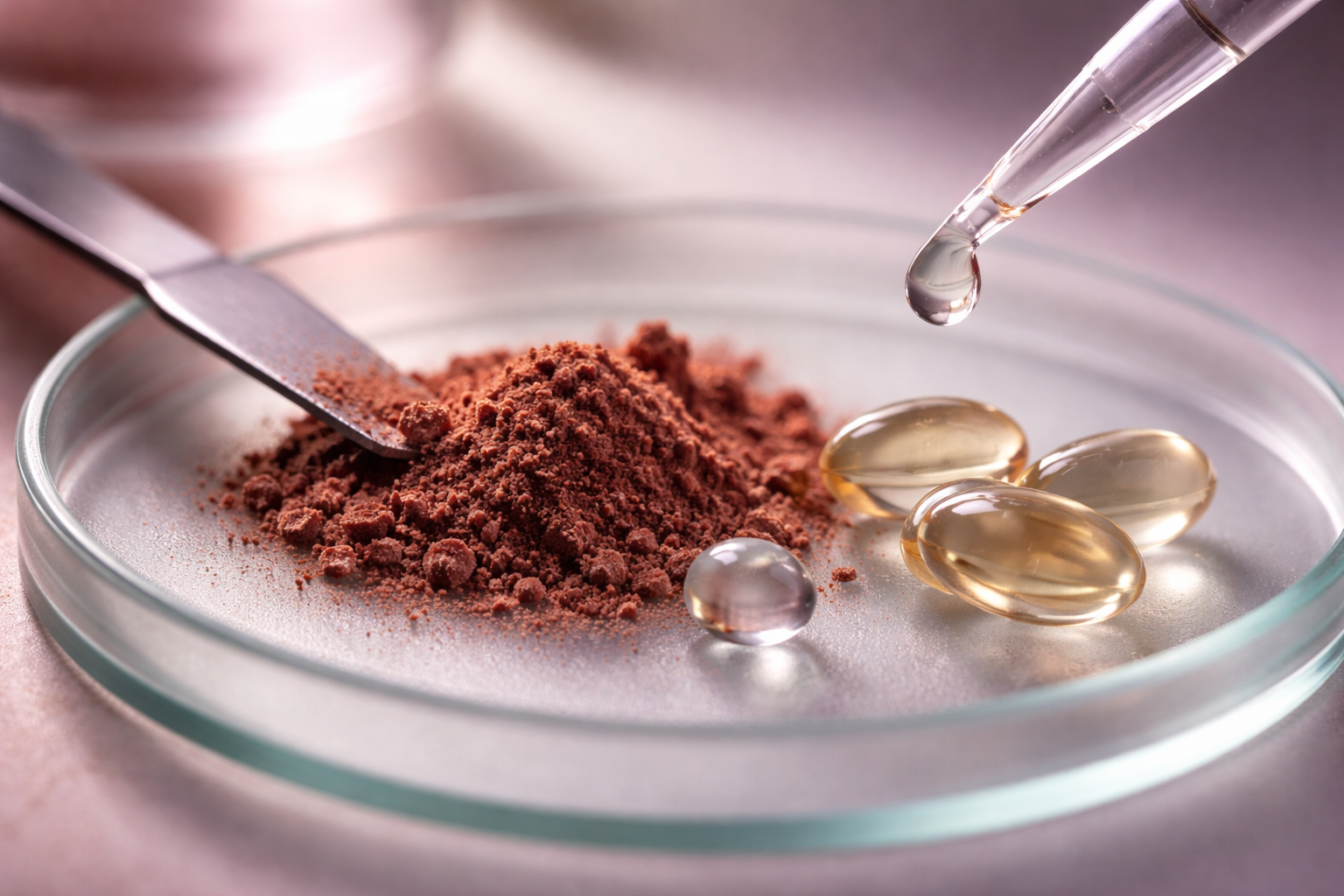 Extreme macro close-up of crushed mangosteen rind powder, translucent gel capsules and a droplet on a pipette tip arranged on a frosted petri dish, warm mauve-and-sage tones with shallow focus and a soft, uncluttered lower third.