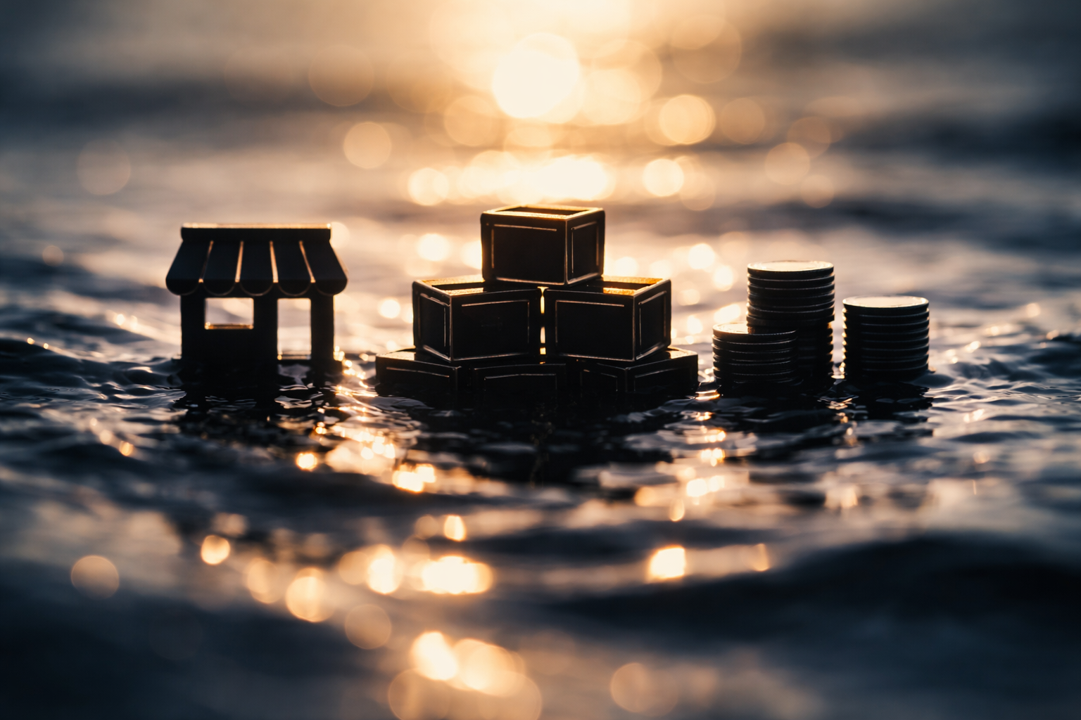 Close-up silhouettes of miniature shop cutouts, stacked crates and coins sitting in shallow rippled water, backlit with blue-gold rim light and soft bokeh, subject centered in the upper two-thirds with a dark, uncluttered lower third.