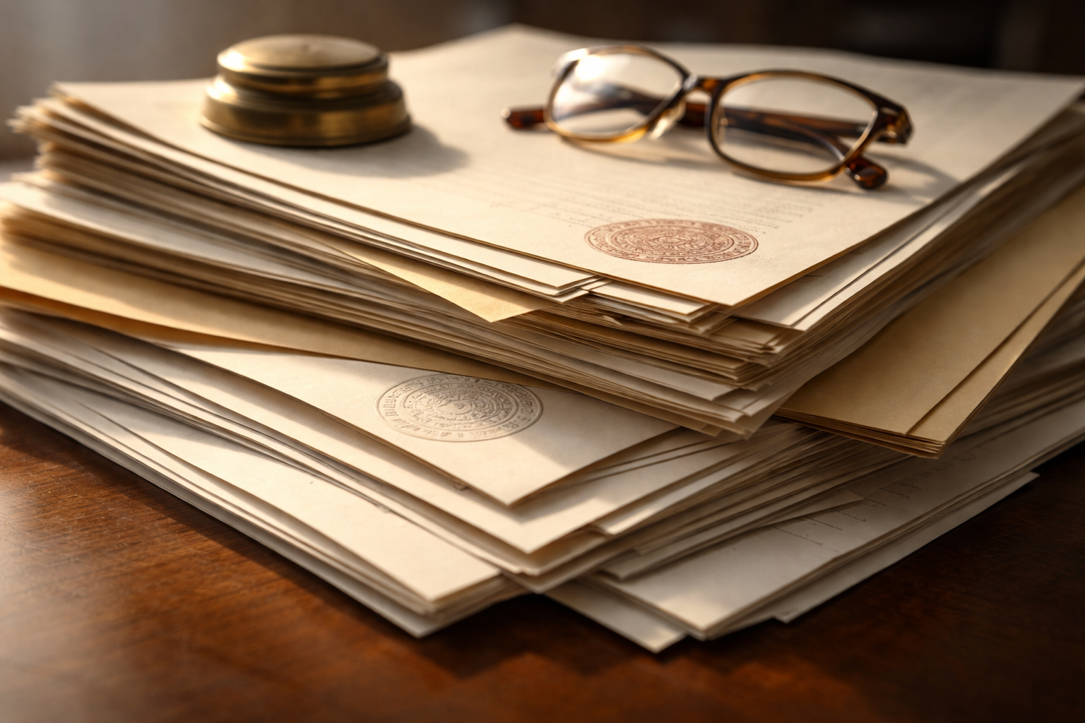 Low-angle close-up of a neat stack of textured trade documents and manila folders with a brass paperweight and reading glasses on a wooden desk, warm side light and soft-focus background, lower third left uncluttered.