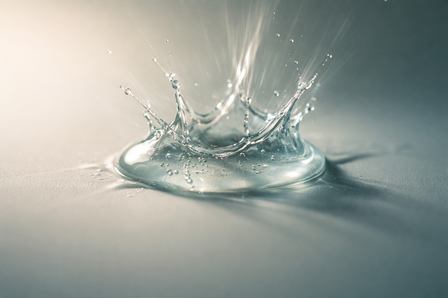 Macro motion-detail of a translucent gel droplet caught mid-splash on a smooth matte surface, with soft backlight, muted teal‑beige tones, motion blur radiating upward and a plain unobstructed lower third.
