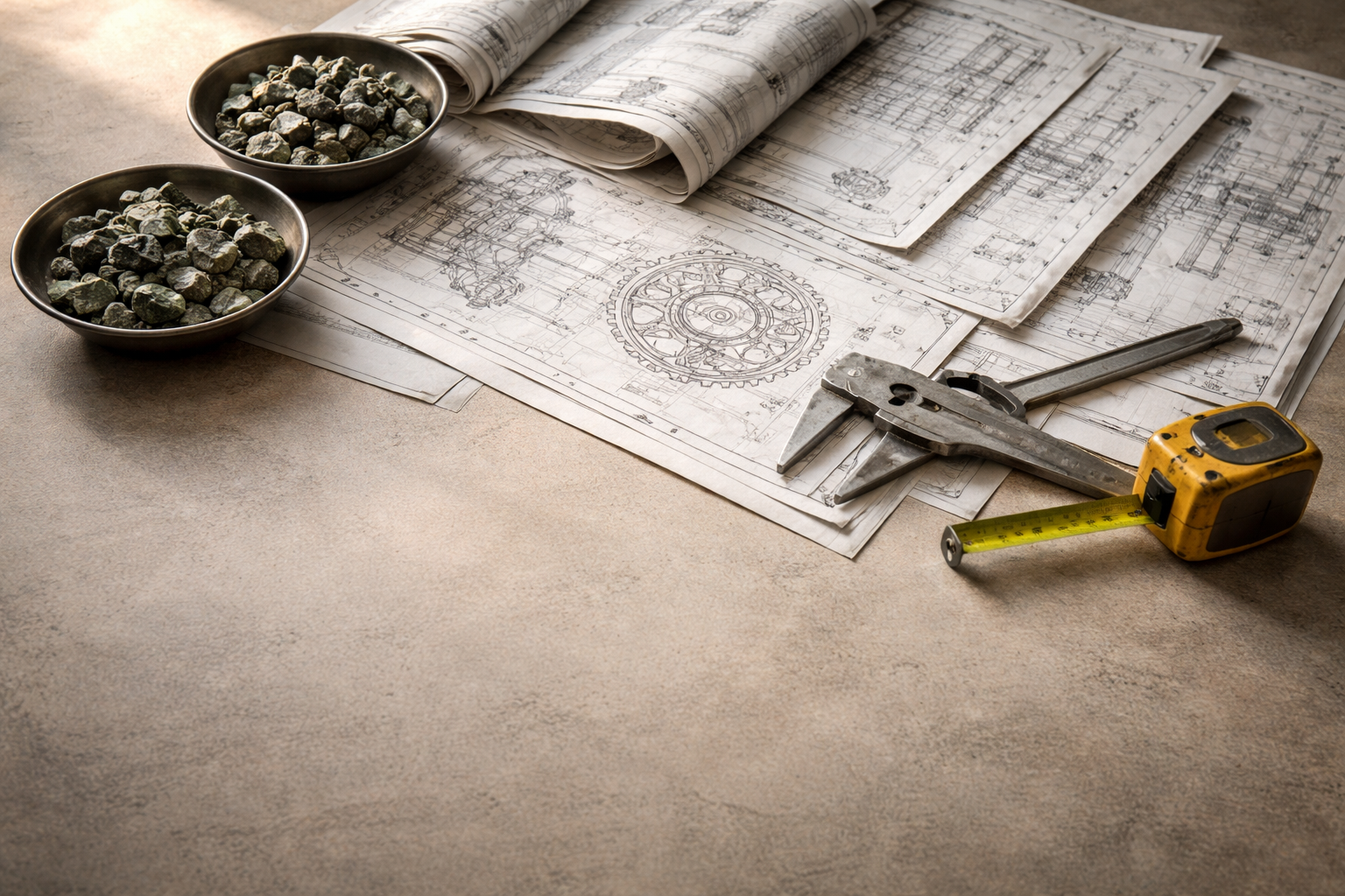 High-angle flat-lay of unbranded technical drawings, two metal bowls with coarse ore samples, a caliper and tape measure on a weathered table, soft warm light, with the lower third left uncluttered.