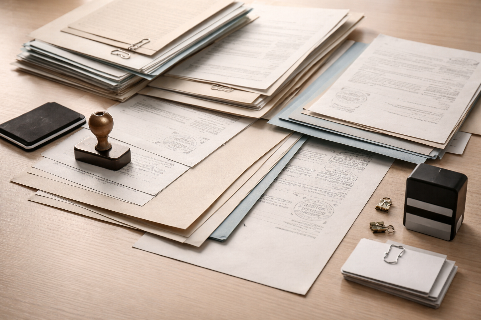 Overhead view of stacked official documents and papers with stamps scattered across a wooden work surface, lit by soft natural light.
