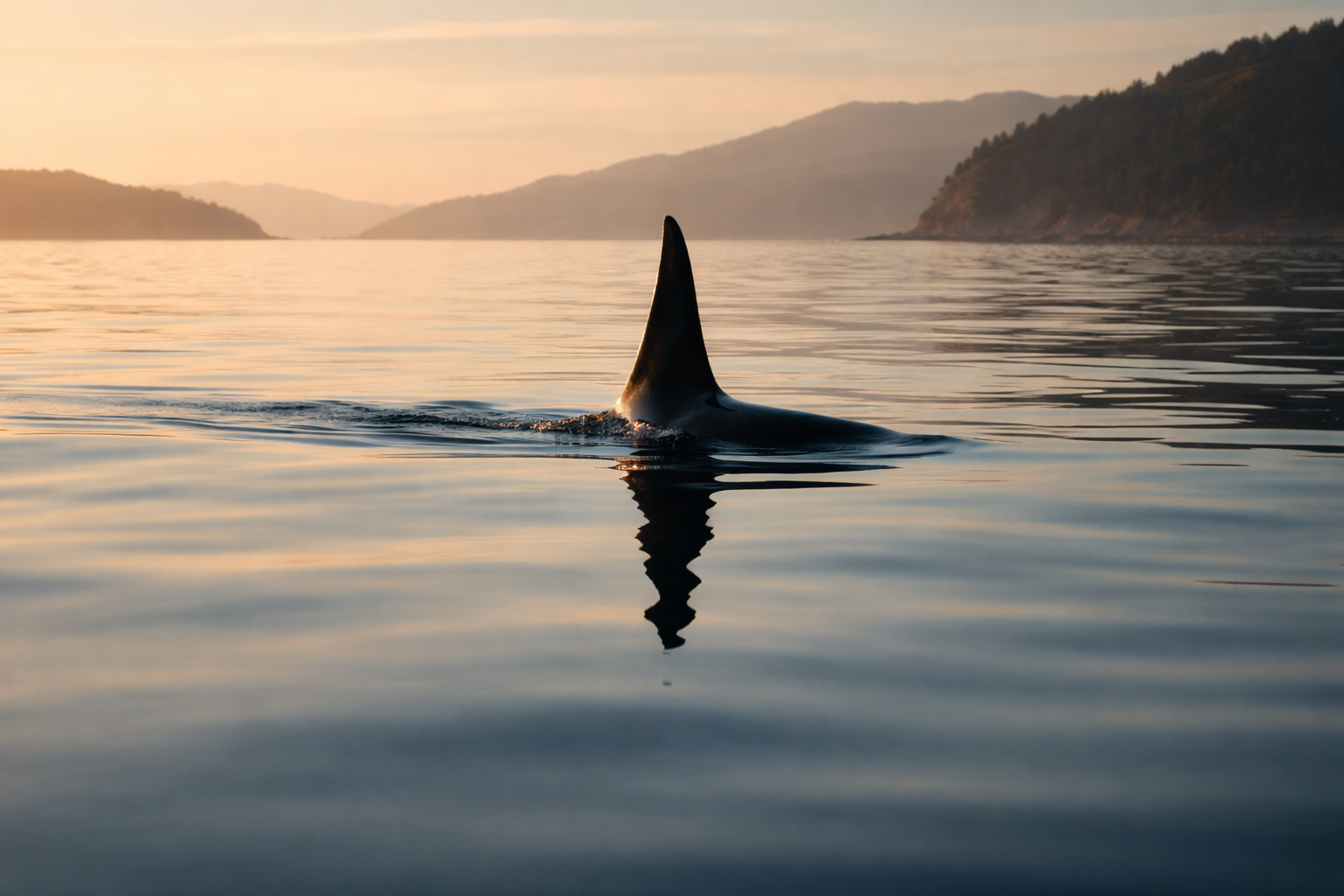 Golden-hour coastal scene with a single orca dorsal fin and its clear reflection on glassy water, the whale positioned in the upper two-thirds while the lower third remains empty for a headline.