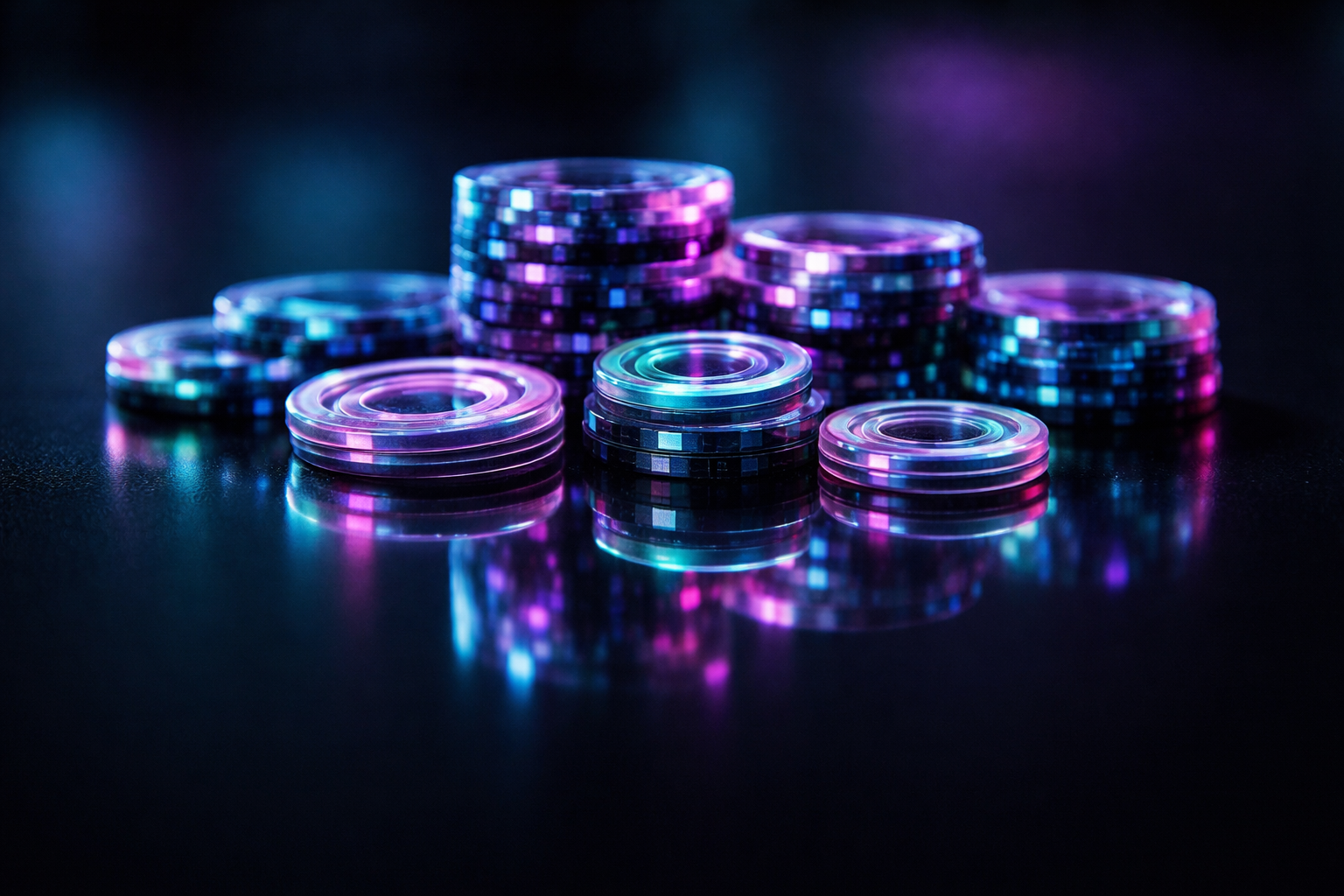 Close-up reflection of iridescent translucent virtual-game tokens and pixel-patterned chips clustered at center, mirrored on a glossy black surface under cyan and magenta rim lighting, with a blurred empty lower third.