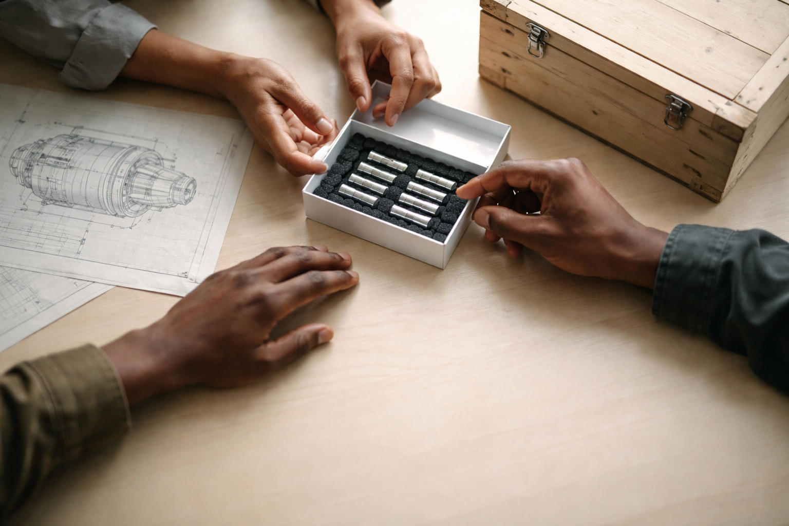 High-angle top-down view of three pairs of anonymous hands around a negotiation table arranging an open box of cylindrical magnets beside a blurred motor diagram and a plain wooden crate; the lower third of the frame is kept empty.