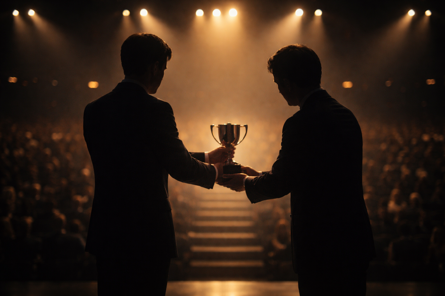 Wide-angle view of a dimly lit auditorium award ceremony showing two anonymous figures on a warmly lit stage exchanging a plain trophy, with the audience blurred below and the foreground lower third intentionally empty.
