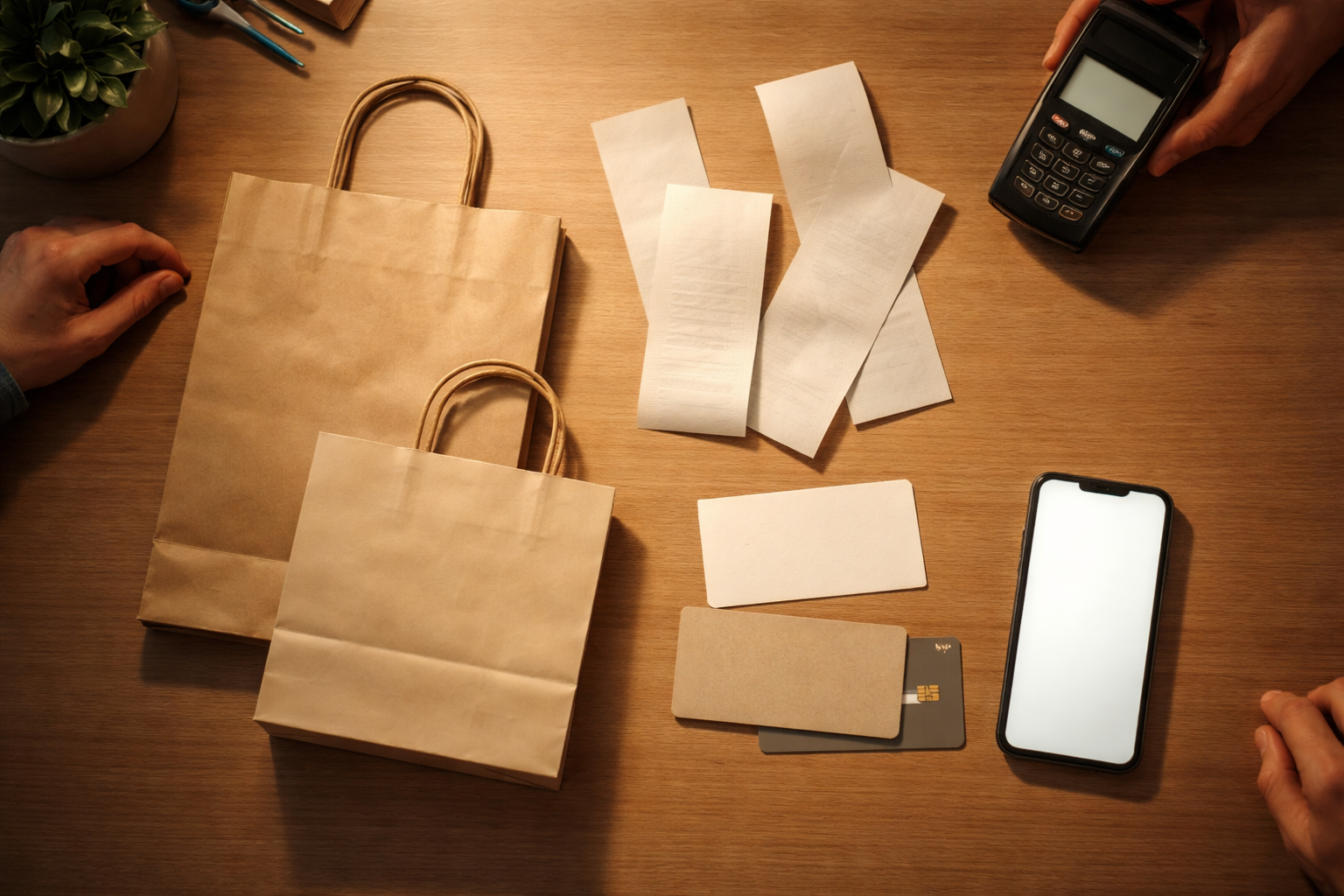 High-angle top-down photo of a retail checkout table with plain shopping bags, blank receipts, unbranded voucher cards, a generic credit card and a smartphone arranged centrally under warm retail lighting; the lower third is left clear and no faces are visible.